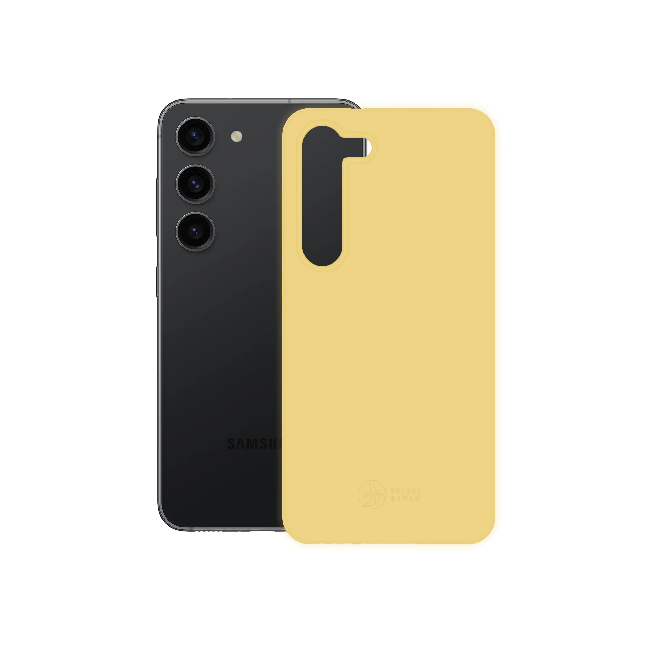 Etui silikonowe matowe żółte Polski Banan obok telefonu Samsung Galaxy S23