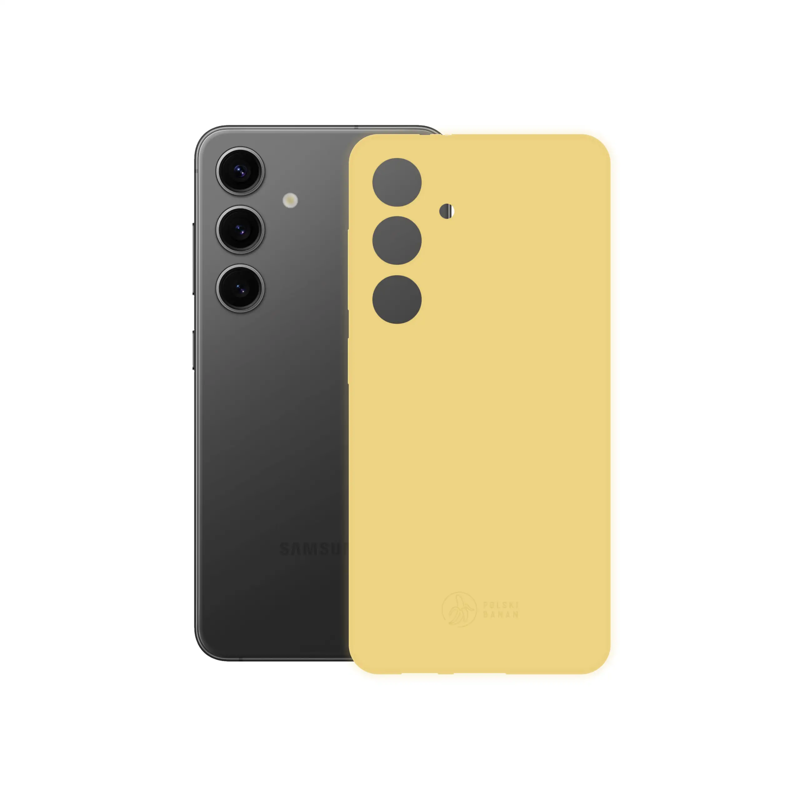 Etui silikonowe matowe żółte Polski Banan obok telefonu Samsung Galaxy S24