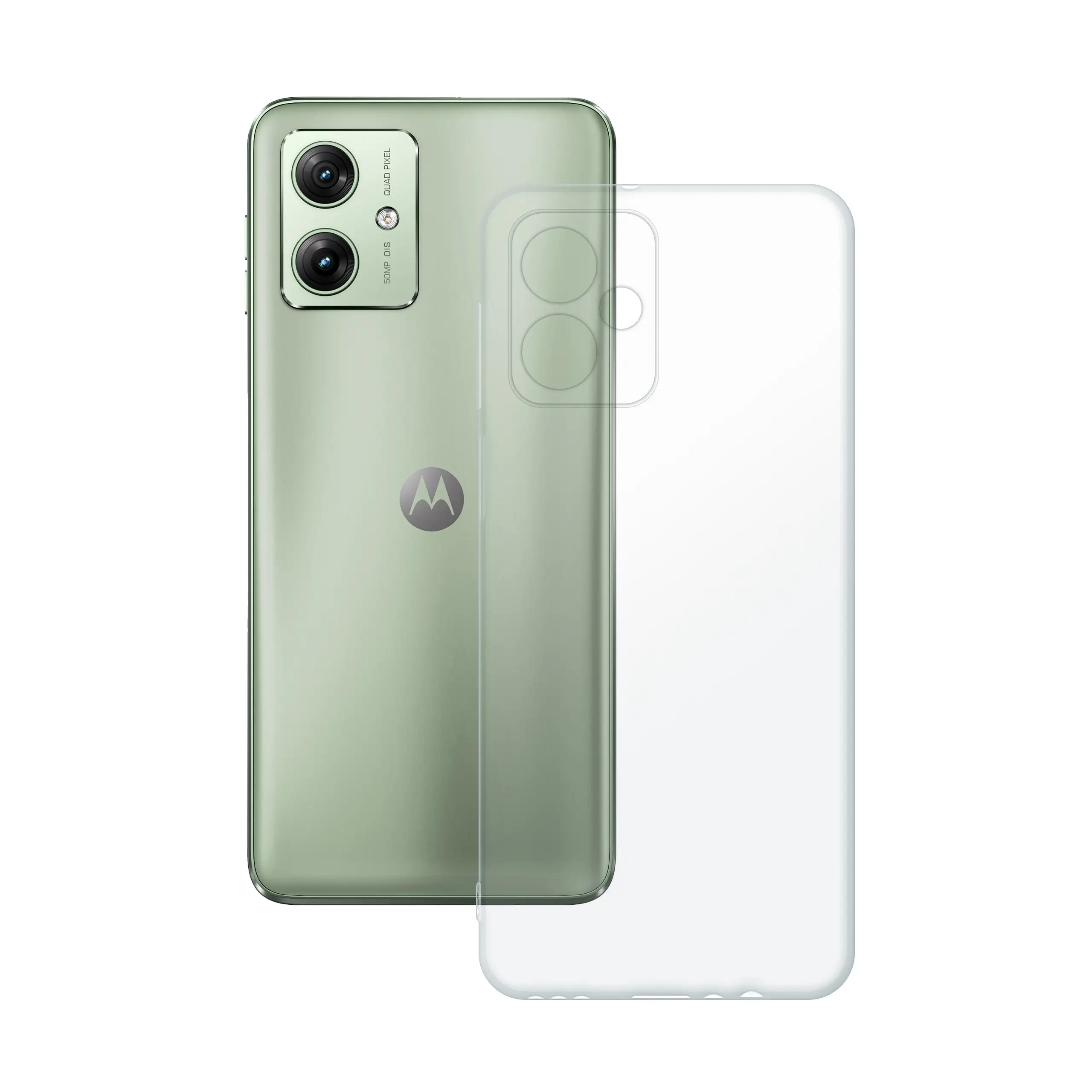 Etui silikonowe przezroczyste Polski Banan obok telefonu Motorola G54 5G / G54 Power Edition