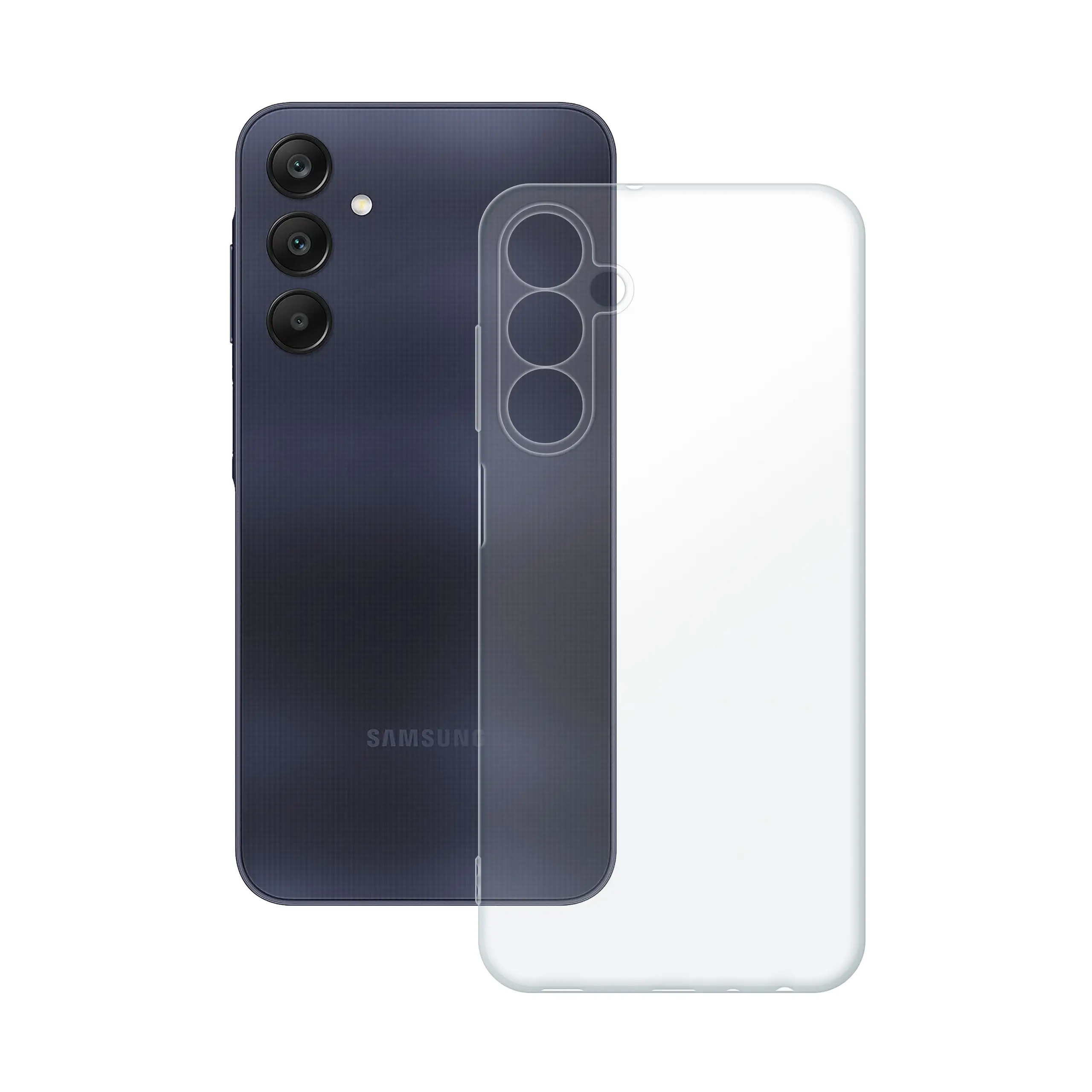 Etui silikonowe przezroczyste Polski Banan obok telefonu Samsung Galaxy A25 5G