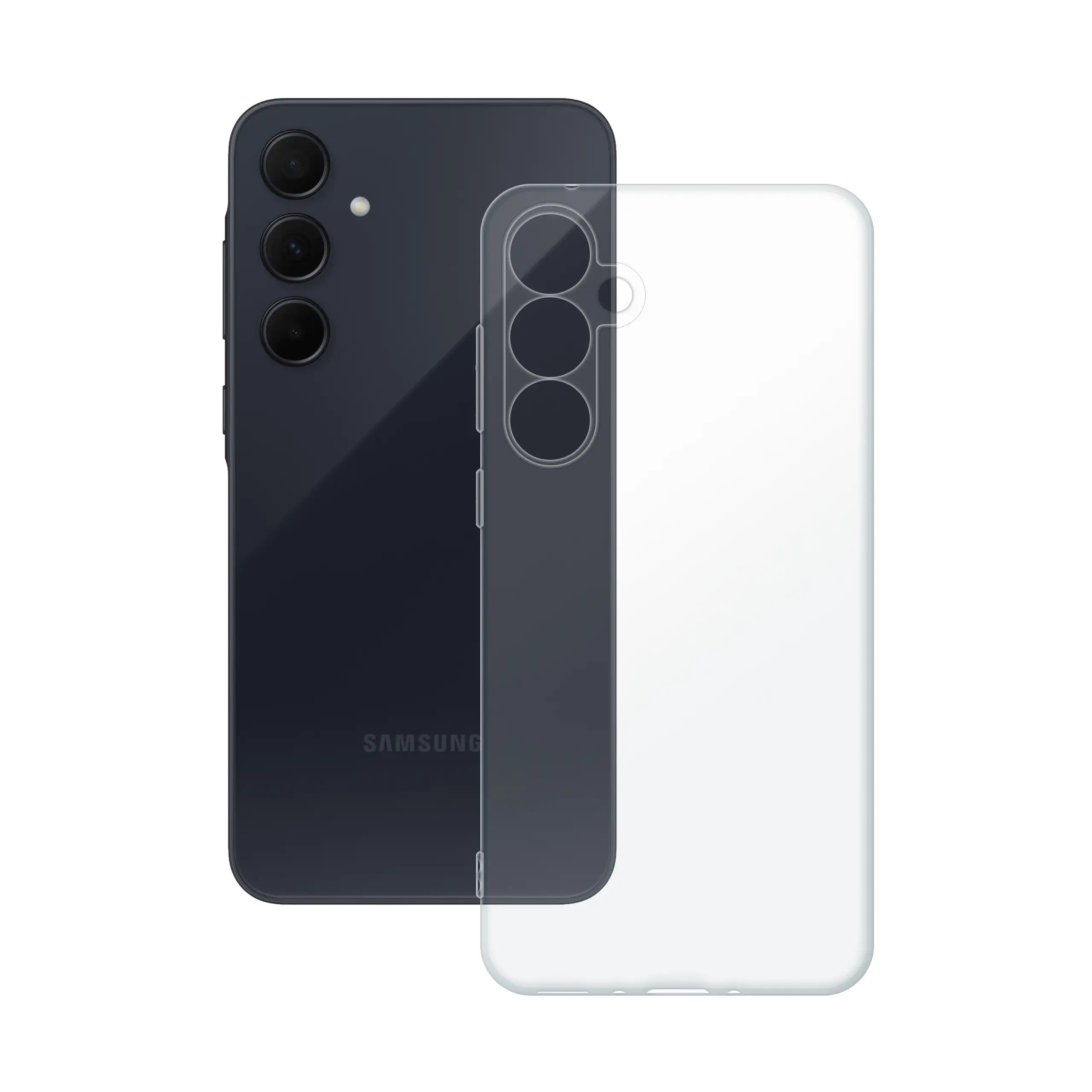 Etui silikonowe przezroczyste Polski Banan obok telefonu Samsung Galaxy A35 5G
