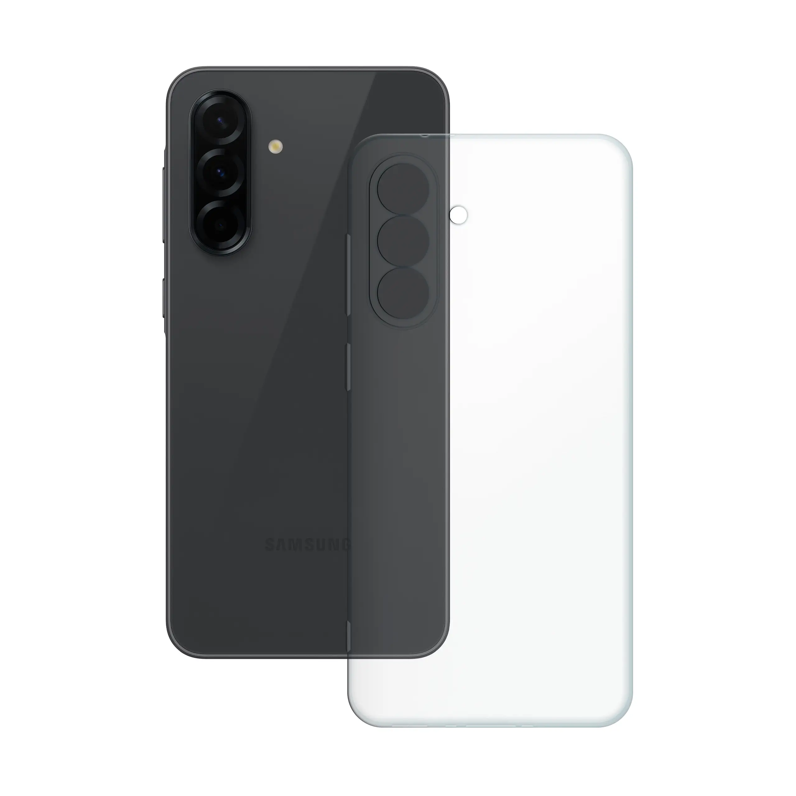 Etui silikonowe przezroczyste Polski Banan obok telefonu Samsung Galaxy A36 5G