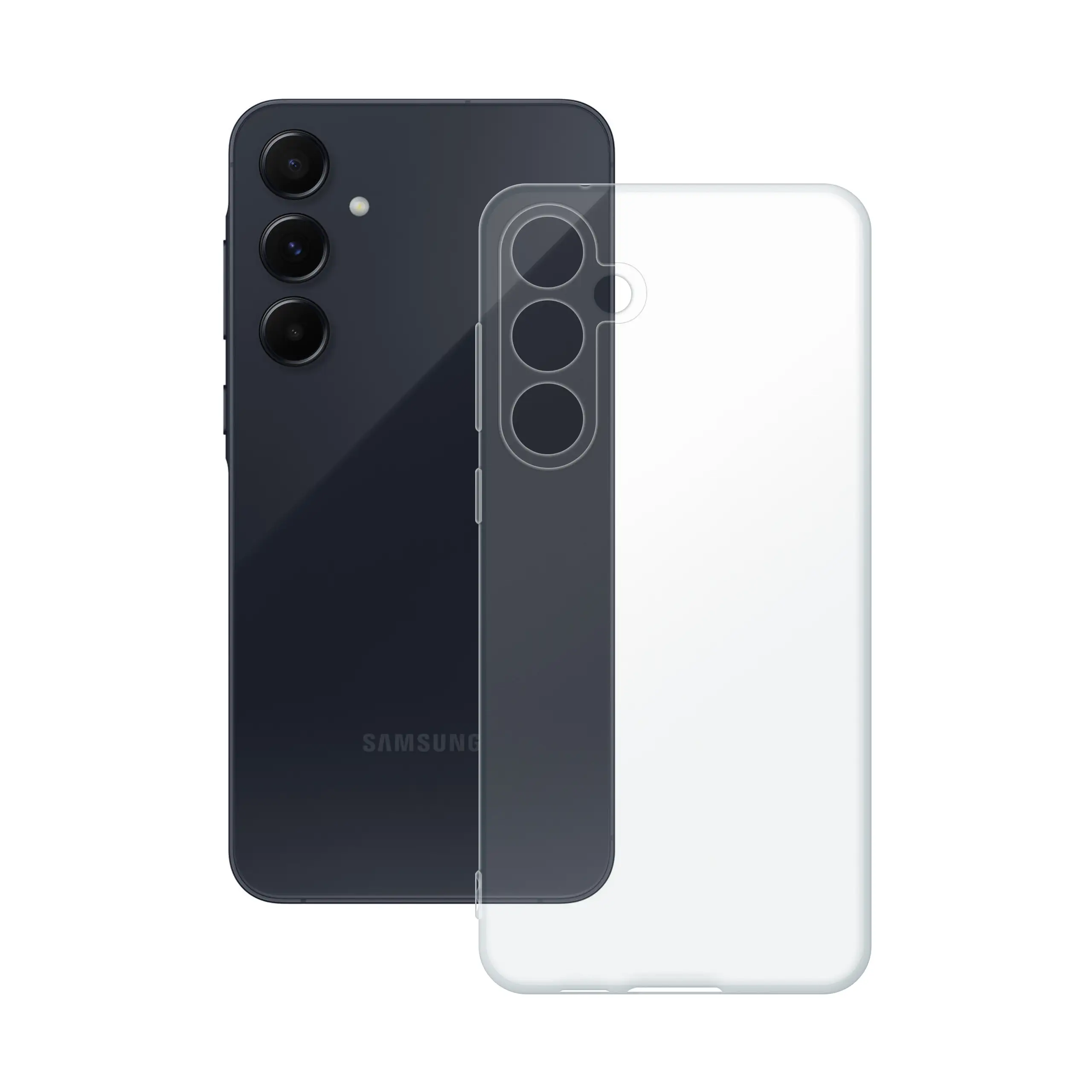 Etui silikonowe przezroczyste Polski Banan obok telefonu Samsung Galaxy A55 5G