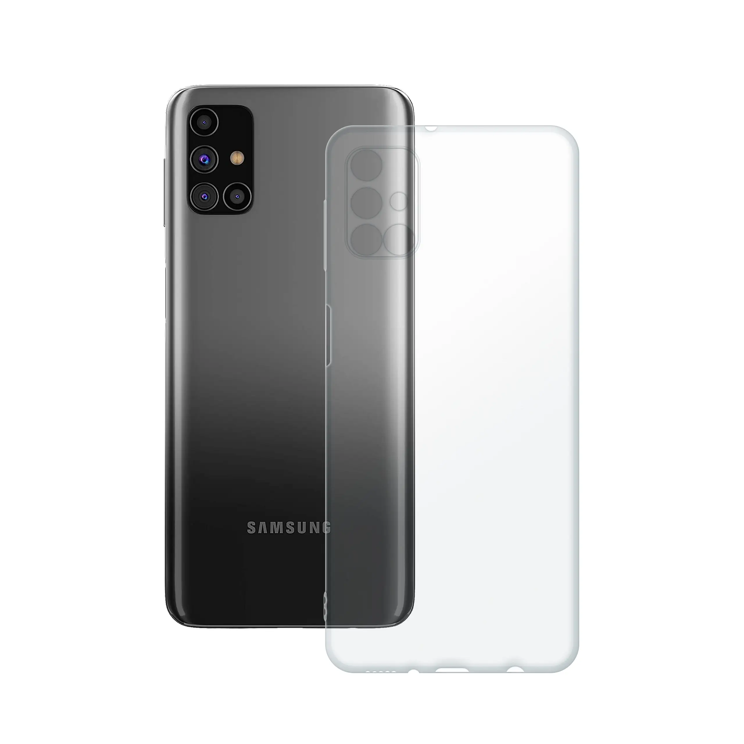 Etui silikonowe przezroczyste Polski Banan obok telefonu Samsung Galaxy M31s