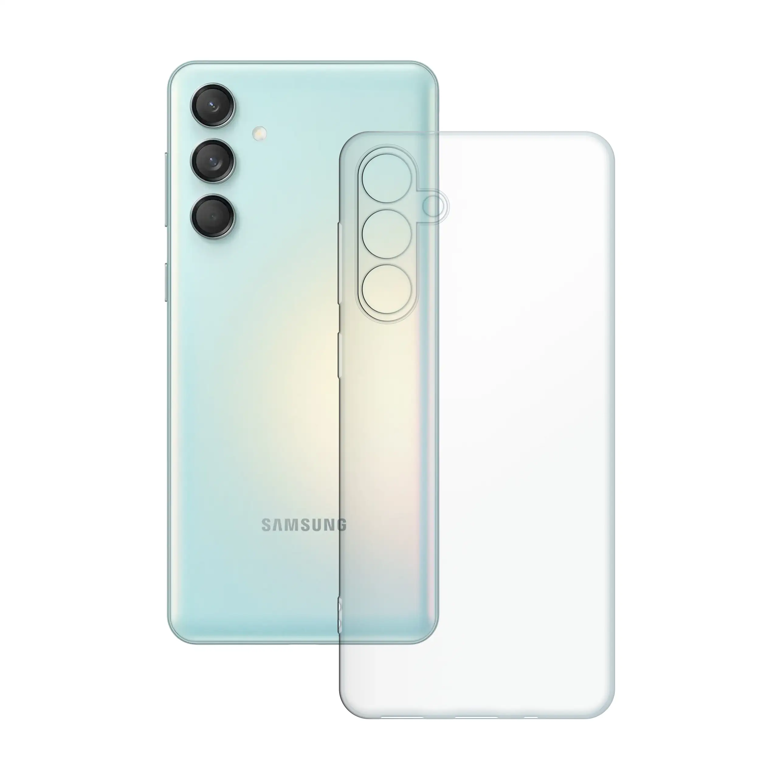 Etui silikonowe przezroczyste Polski Banan obok telefonu Samsung Galaxy M55 5G