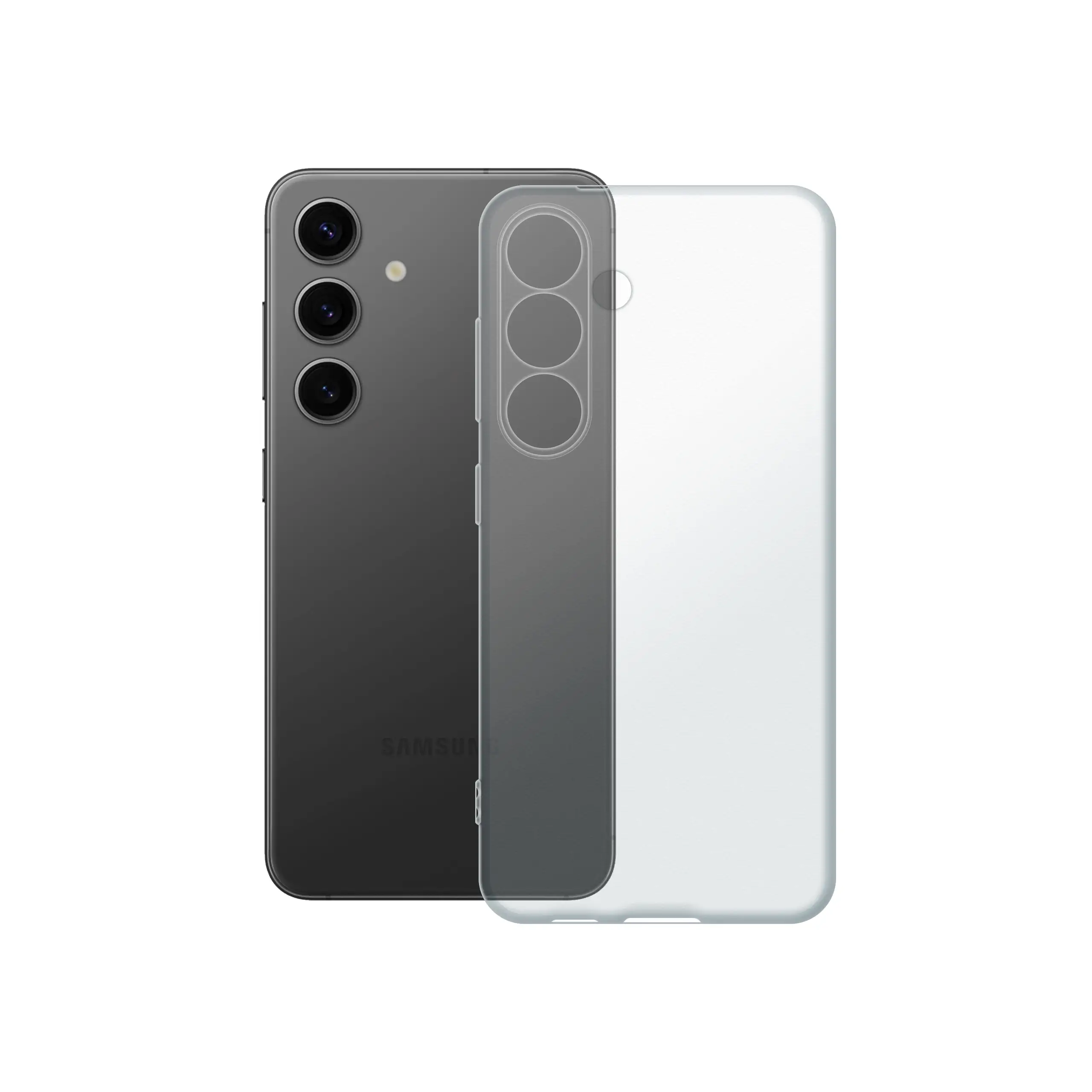 Etui silikonowe przezroczyste Polski Banan obok telefonu Samsung Galaxy S24