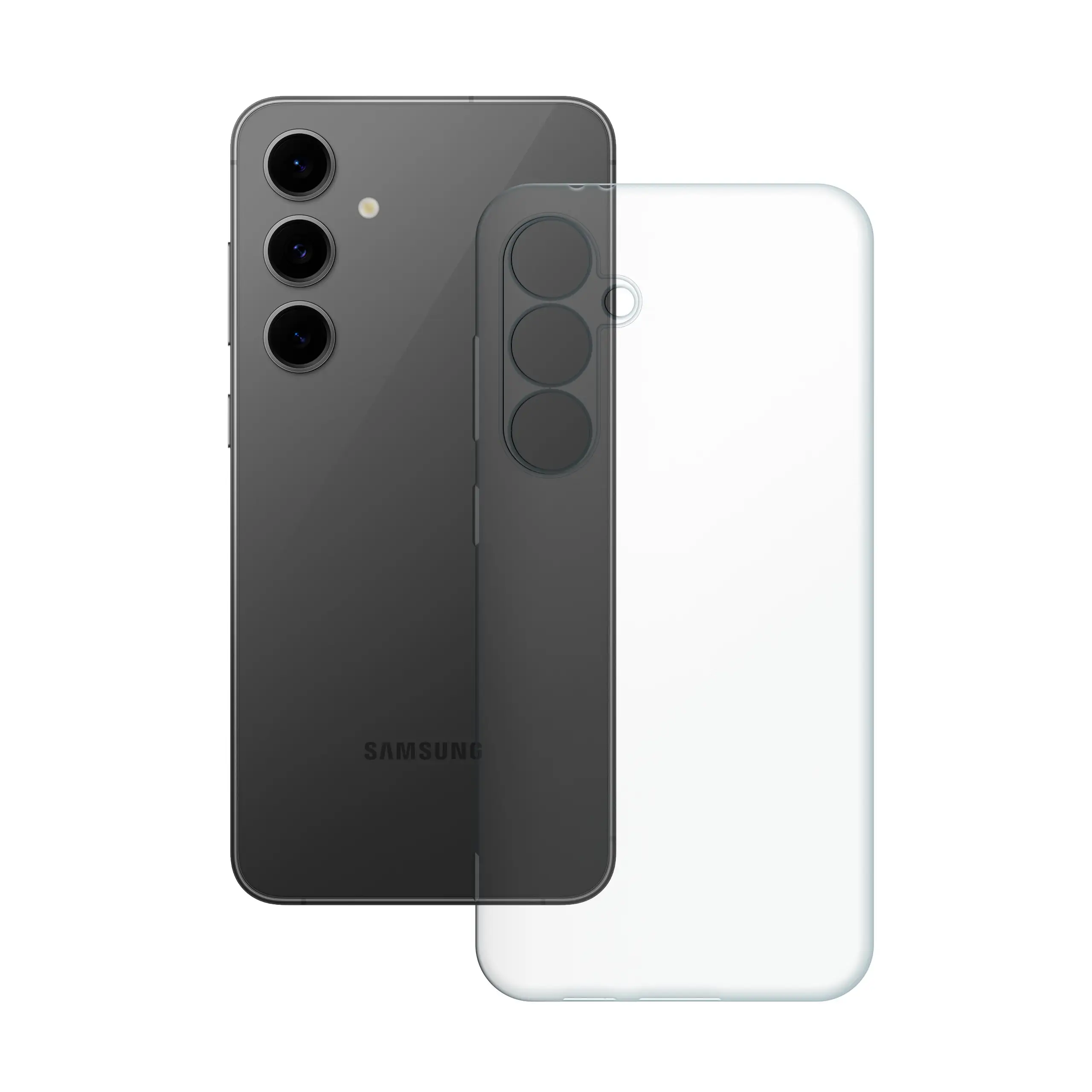 Etui silikonowe przezroczyste Polski Banan obok telefonu Samsung Galaxy S24 FE