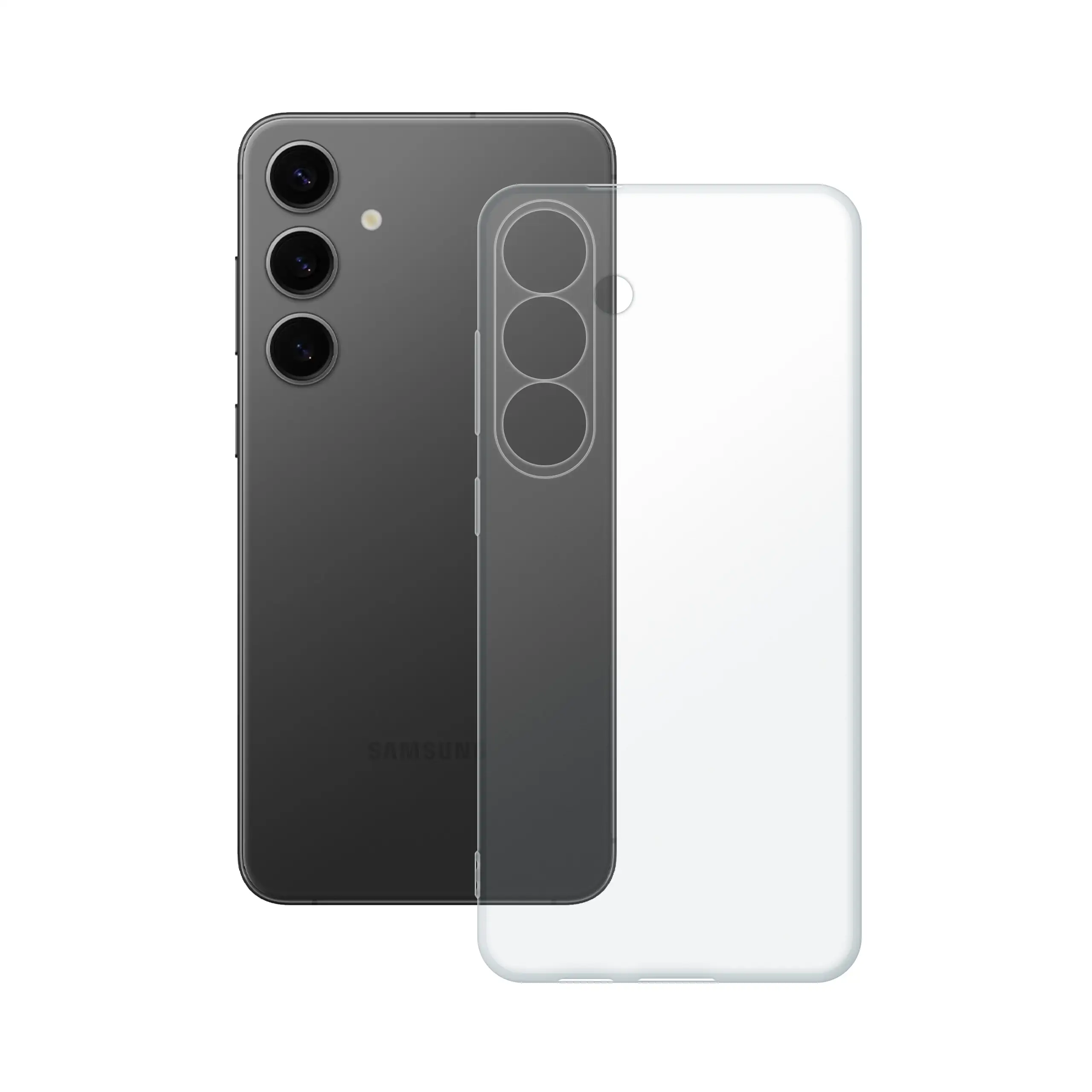 Etui silikonowe przezroczyste Polski Banan obok telefonu Samsung Galaxy S24 Plus