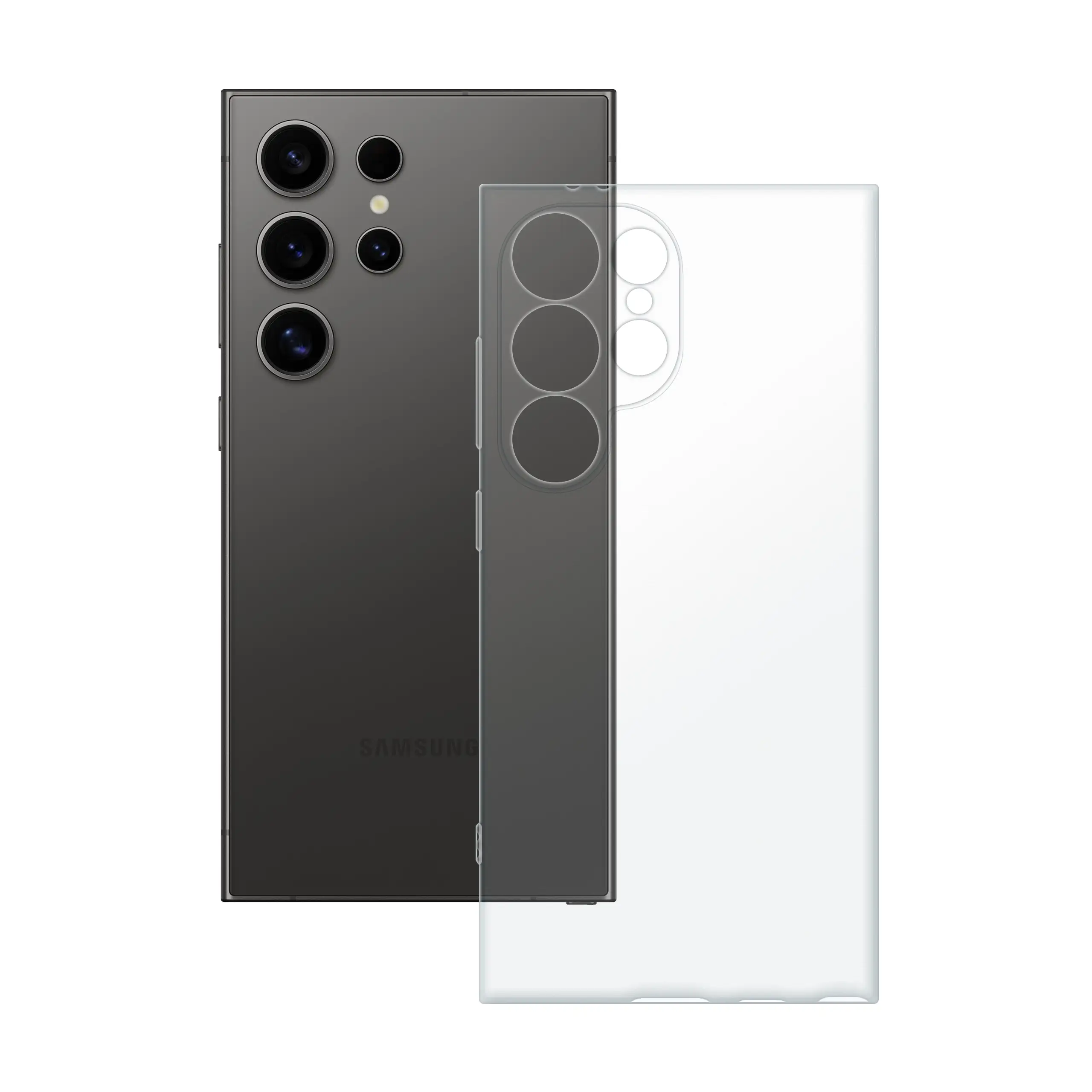 Etui silikonowe przezroczyste Polski Banan obok telefonu Samsung Galaxy S24 Ultra