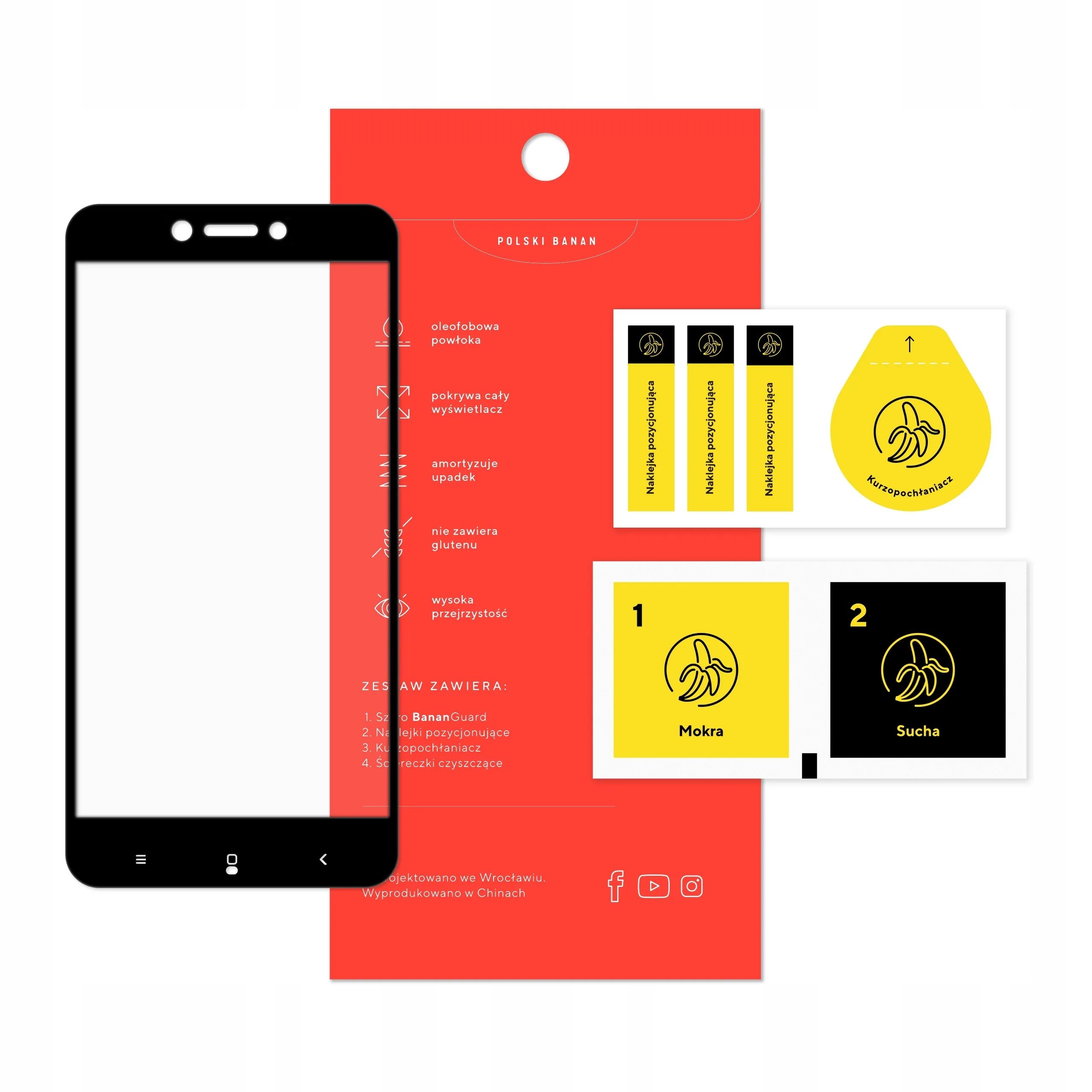 Zawartość zestawu szkła hartowanego 3D Polski Banan BananGuard w kolorze czarnym do telefonu Xiaomi Redmi 4X