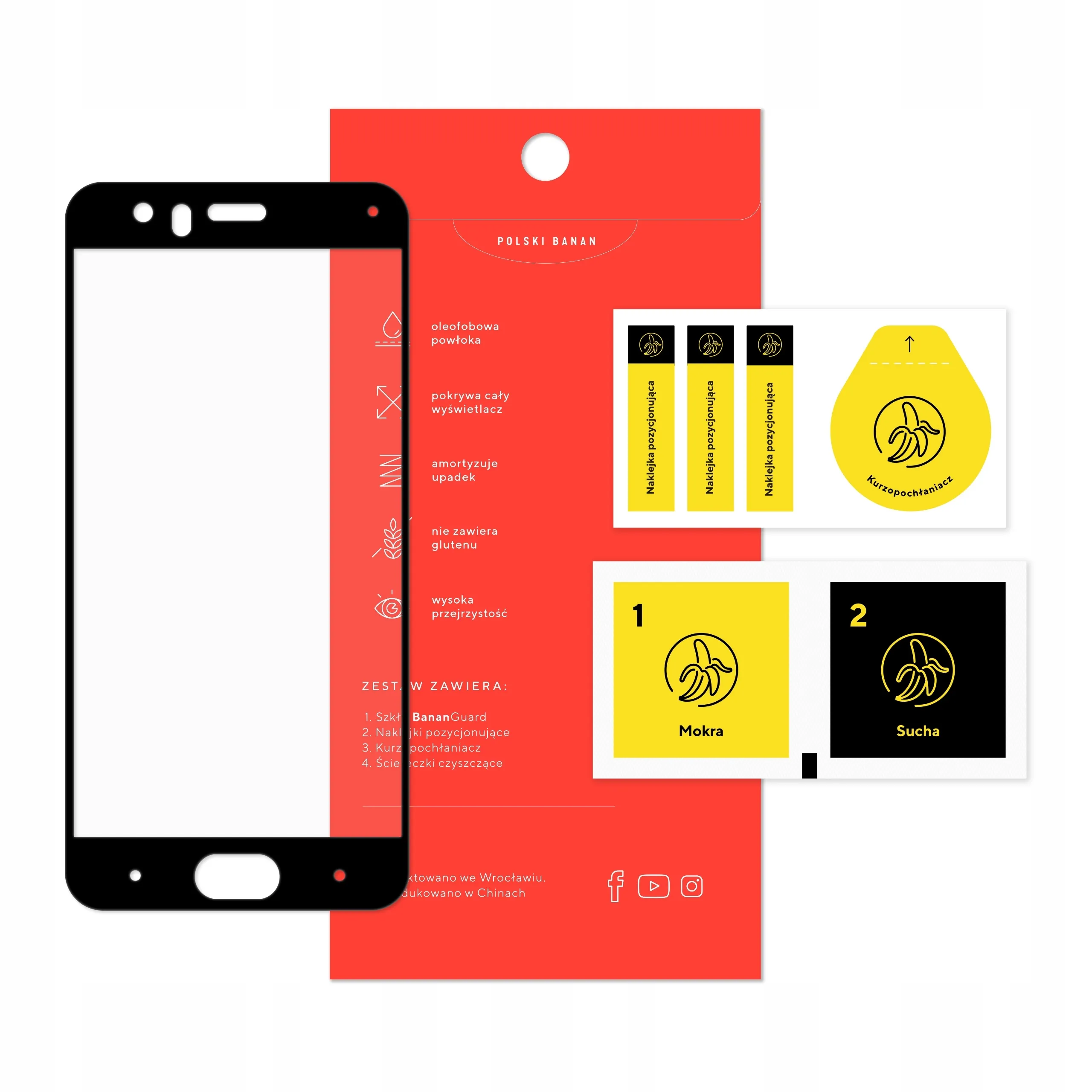 Zawartość zestawu szkła hartowanego 3D Polski Banan BananGuard w kolorze czarnym do telefonu Xiaomi Mi 6