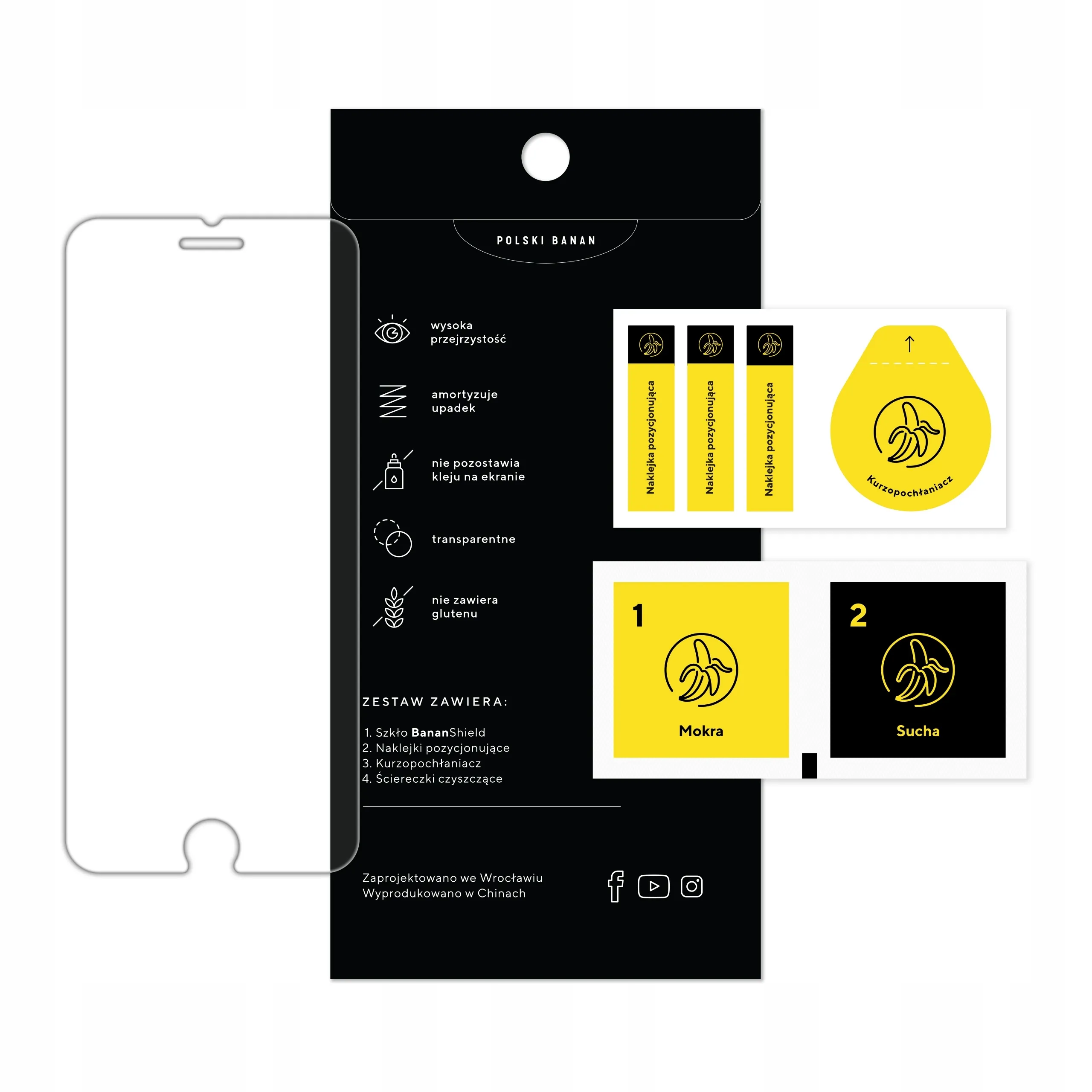 Zawartość zestawu szkła hartowanego Polski Banan BananShield do telefonu Apple iPhone 6 / 6s