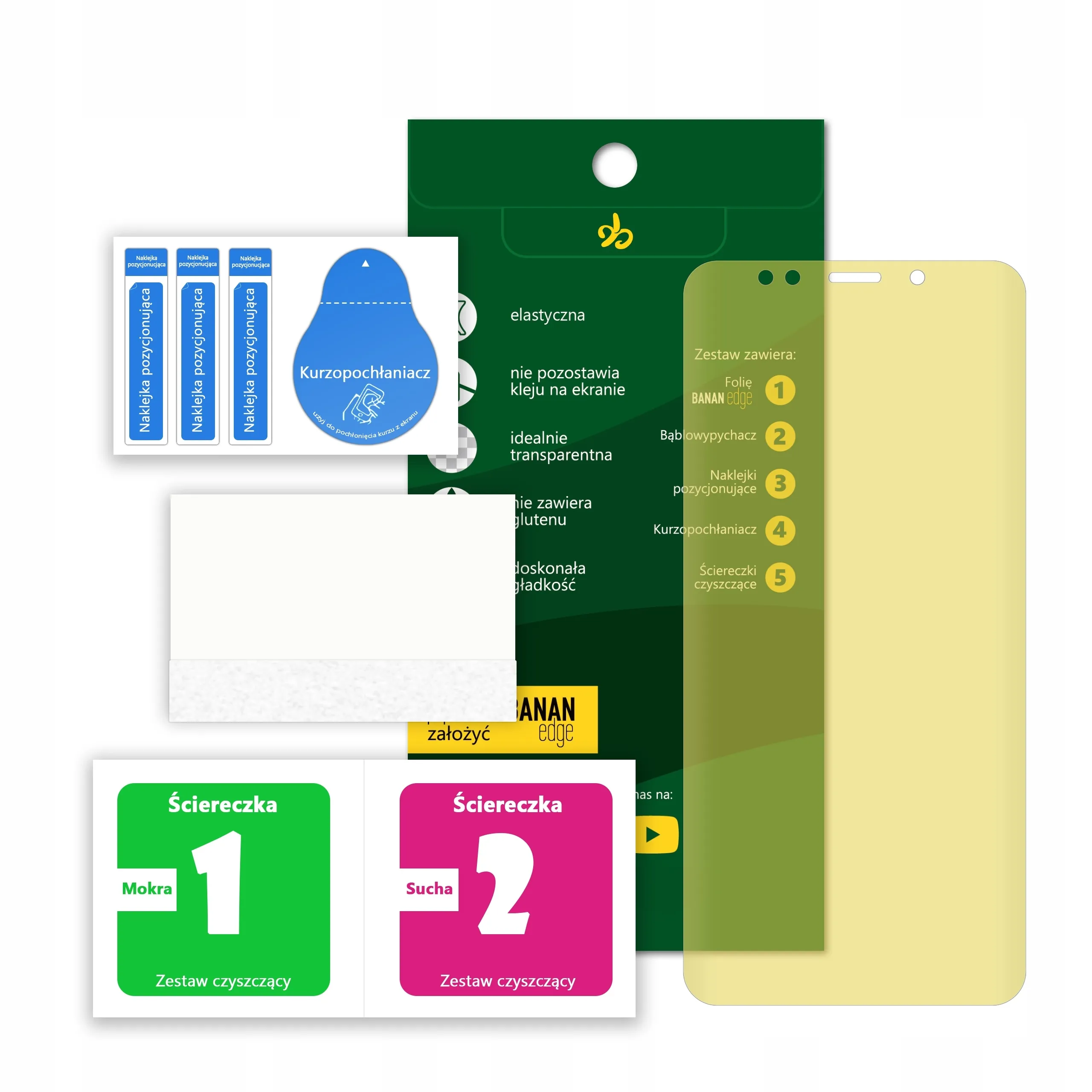 Zawartość zestawu folii ochronnej Polski Banan BananEdge do telefonu Xiaomi Redmi 5 Plus