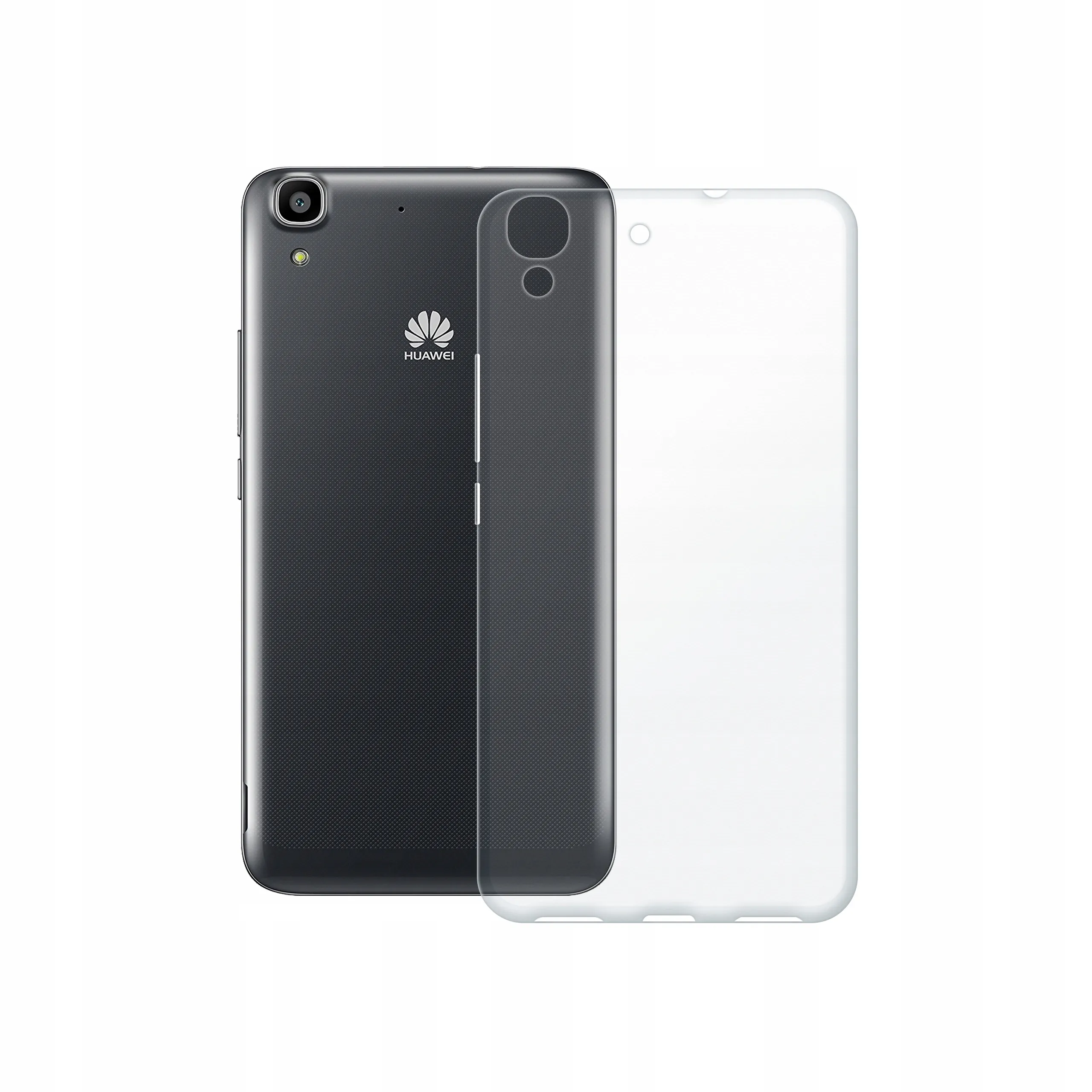Etui silikonowe przezroczyste Polski Banan obok tyłu telefonu Huawei Y6