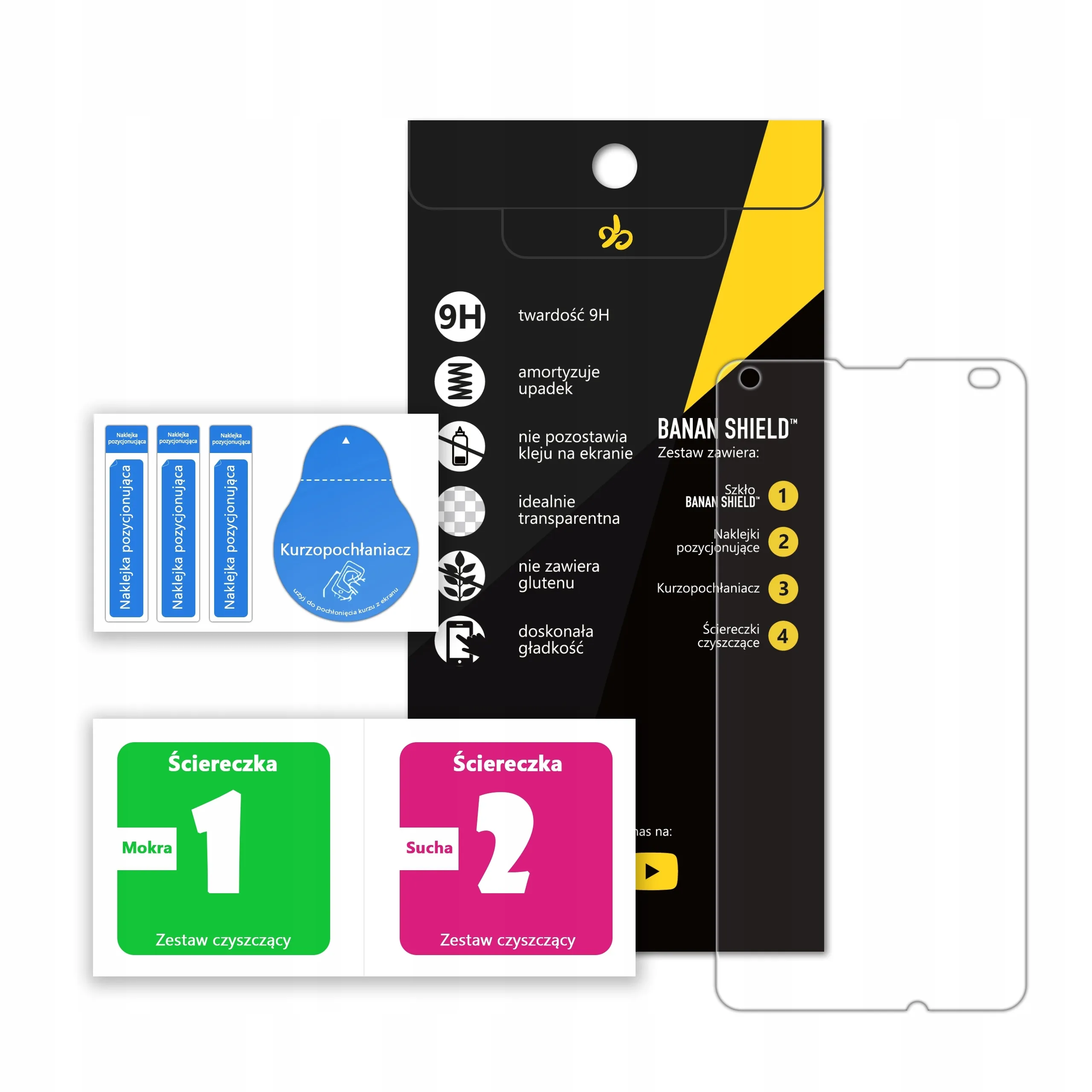 Zawartość zestawu szkła hartowanego Polski Banan BananShield do telefonu Microsoft Lumia 550