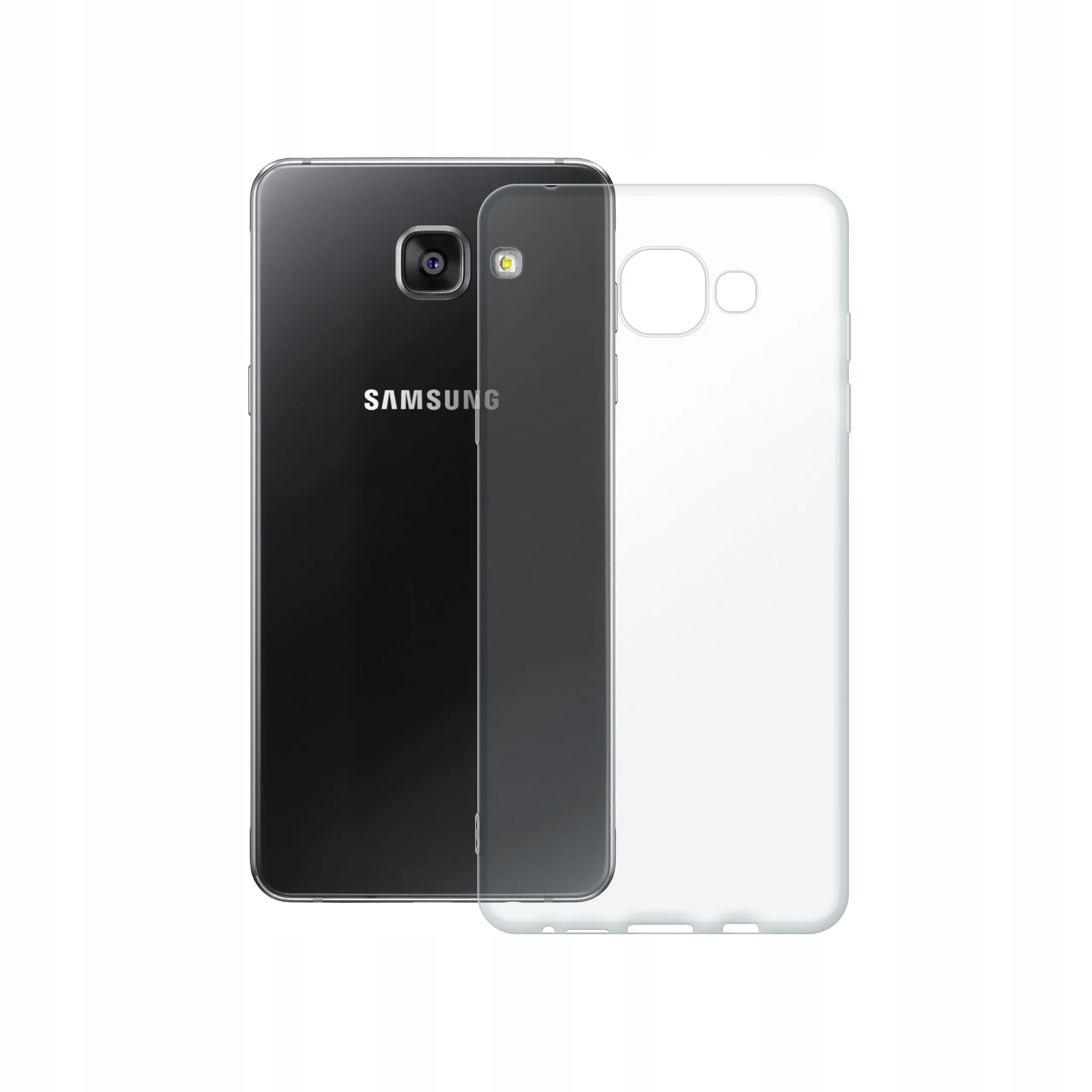Etui silikonowe przezroczyste Polski Banan obok tyłu telefonu Samsung Galaxy A5 2016