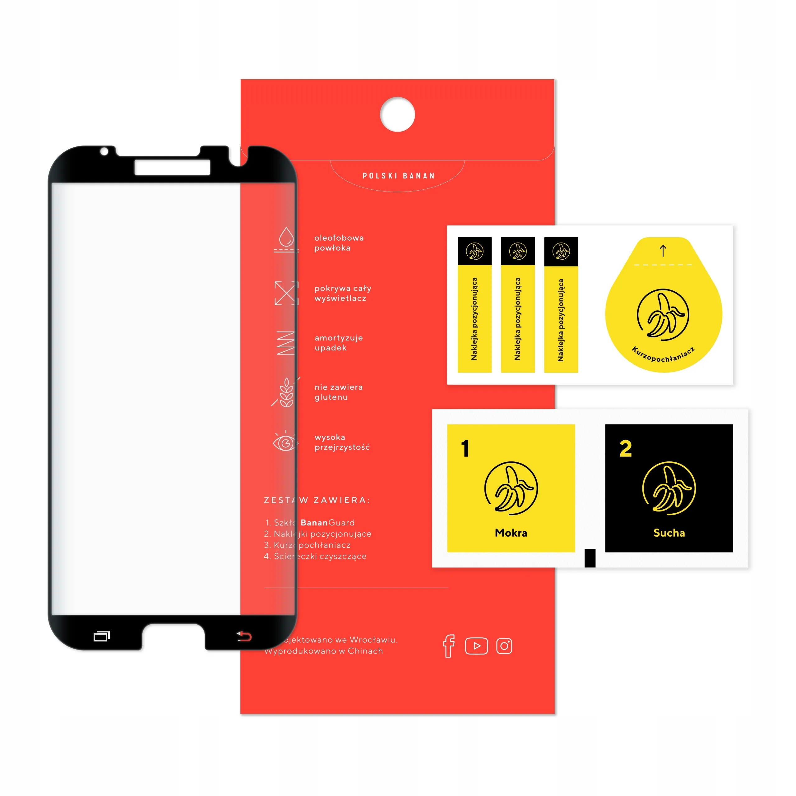 Zawartość zestawu szkła hartowanego 3D Polski Banan BananGuard w kolorze czarnym do telefonu Samsung Galaxy S7 edge