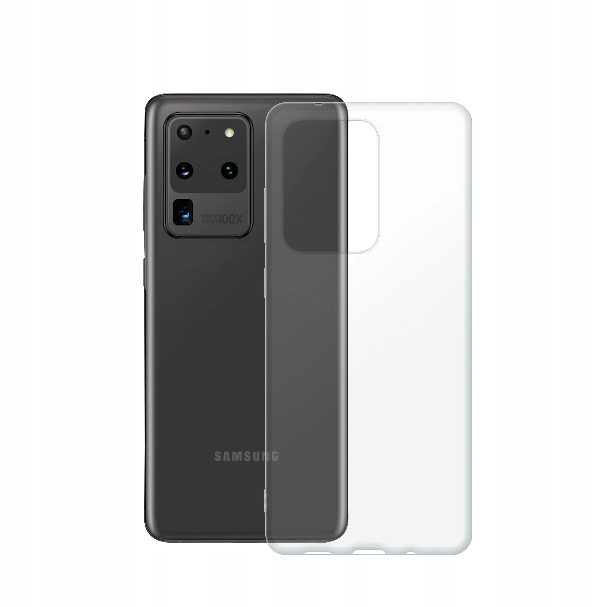 Etui silikonowe przezroczyste Polski Banan obok tyłu telefonu Samsung Galaxy S20 Ultra