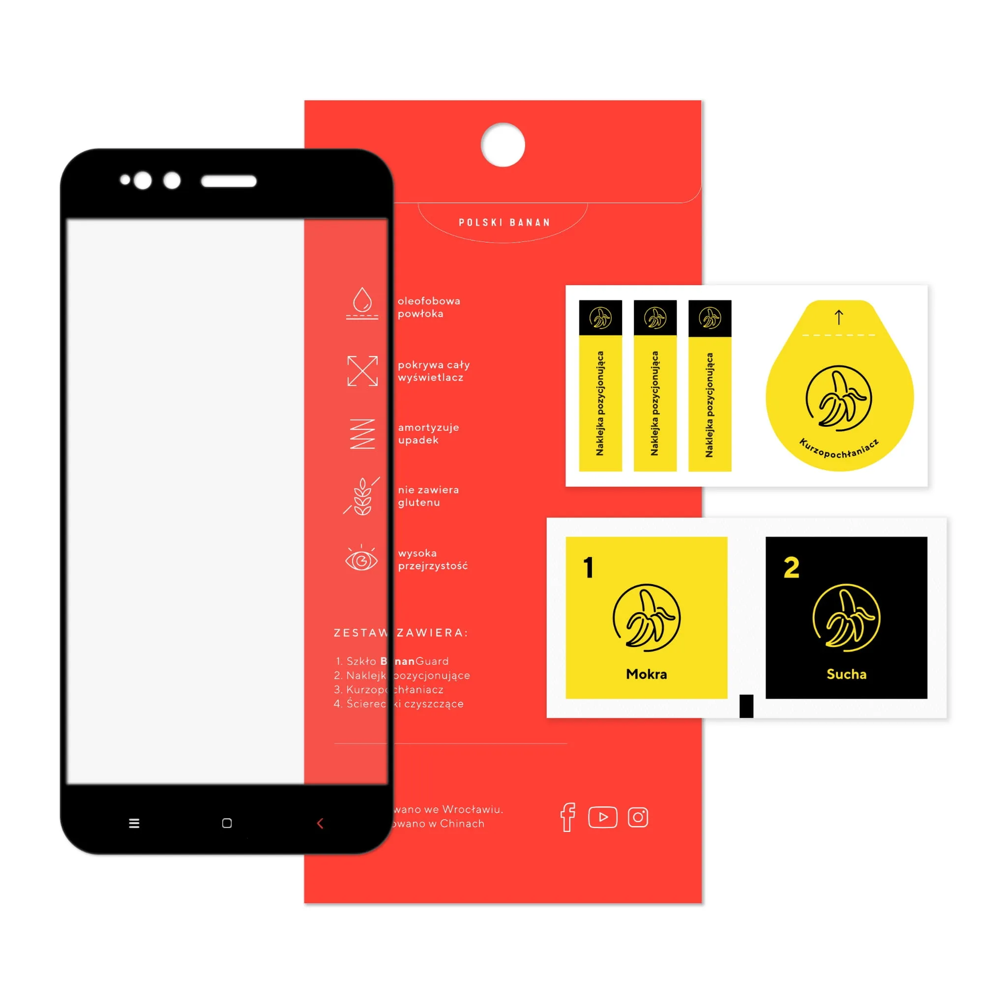 Zawartość zestawu szkła hartowanego 3D Polski Banan BananGuard w kolorze czarnym do telefonu Xiaomi Mi 5X / Mi A1