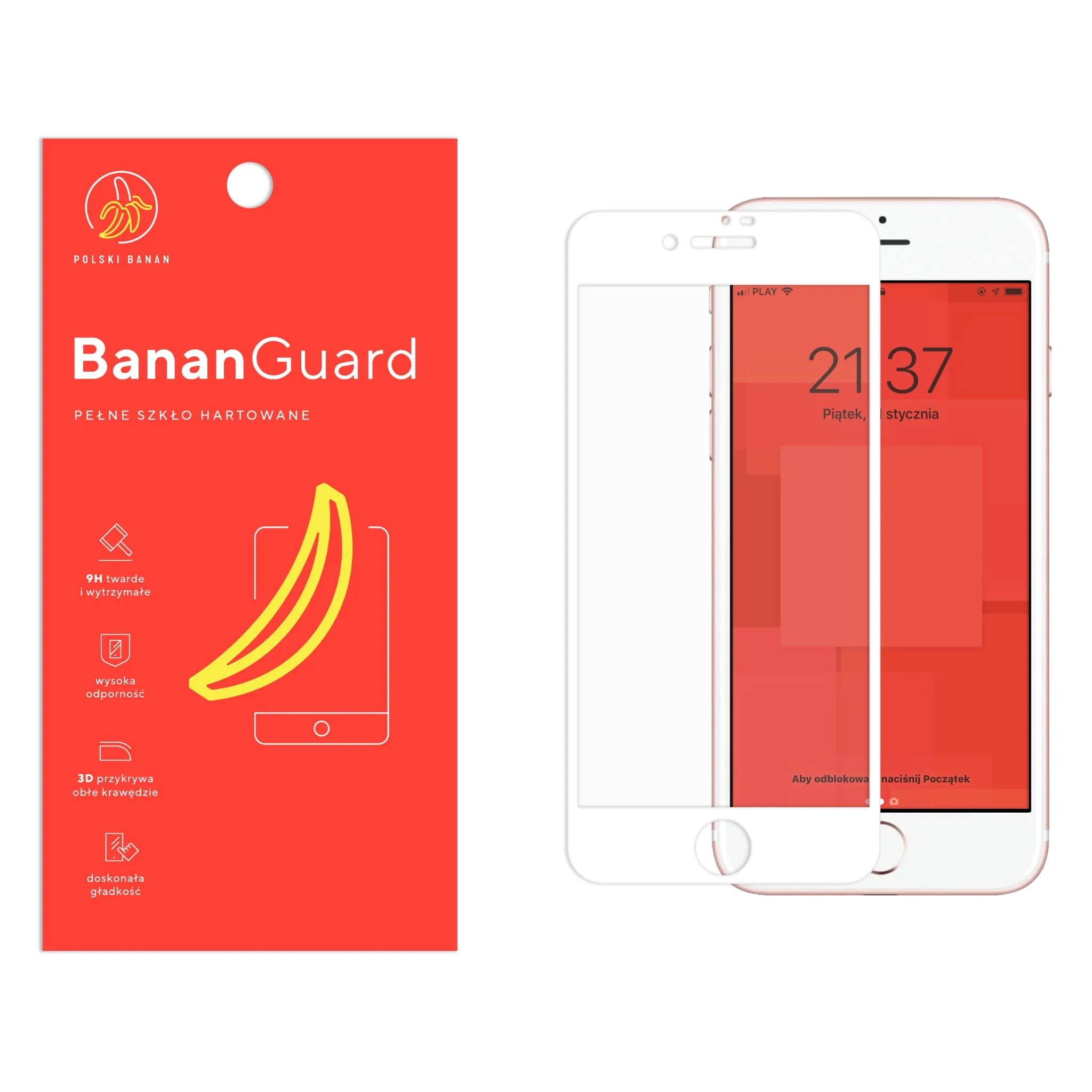 Szkło hartowane 5D Polski Banan BananGuard w kolorze białym do Apple iPhone 7 / 8 / SE 2020 / SE 2022