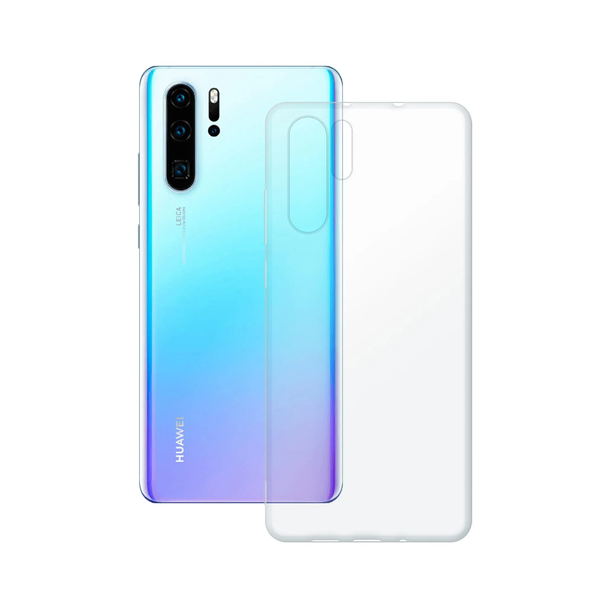 Etui silikonowe przezroczyste Polski Banan obok telefonu Huawei P30 Pro