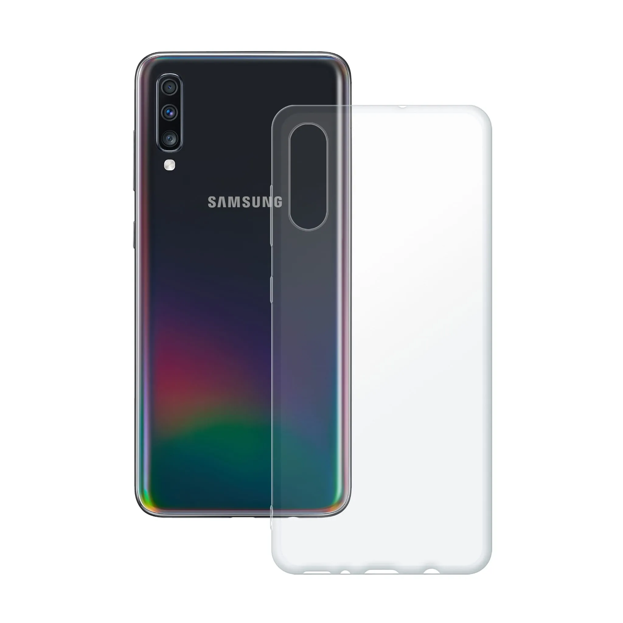 Etui silikonowe przezroczyste Polski Banan obok telefonu Samsung Galaxy A70