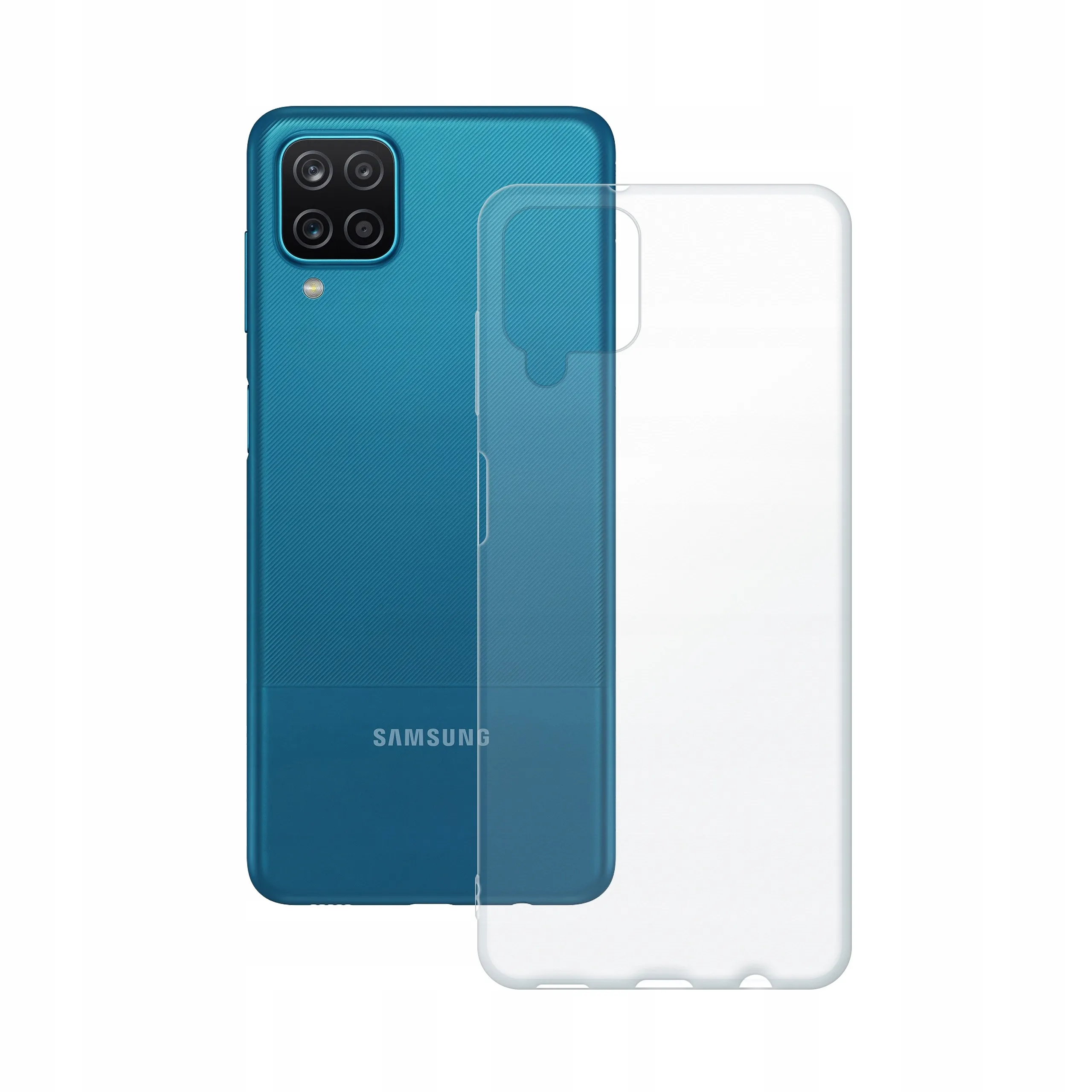 Etui silikonowe przezroczyste Polski Banan obok telefonu Samsung Galaxy A12 / M12