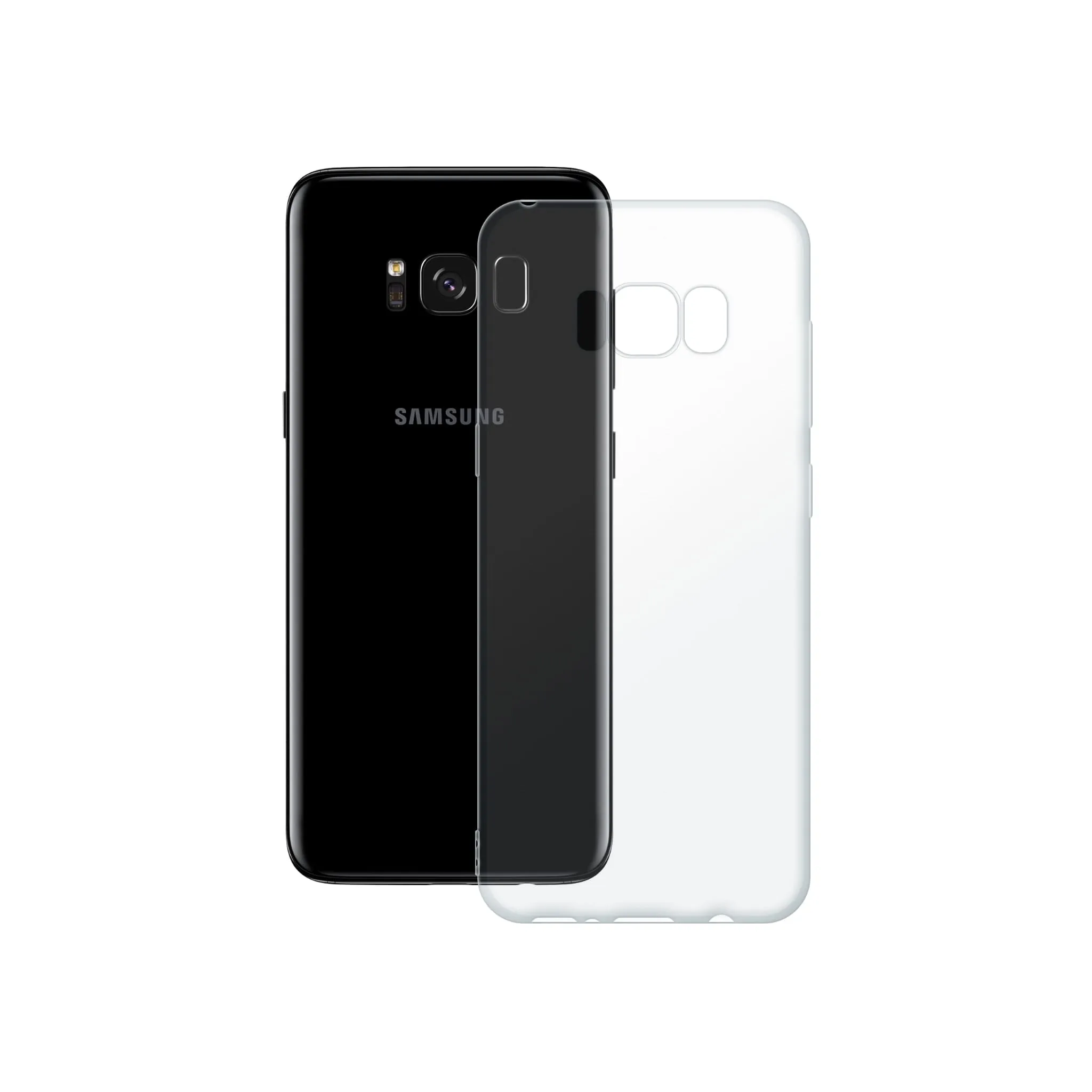 Etui silikonowe przezroczyste Polski Banan obok telefonu Samsung Galaxy S8