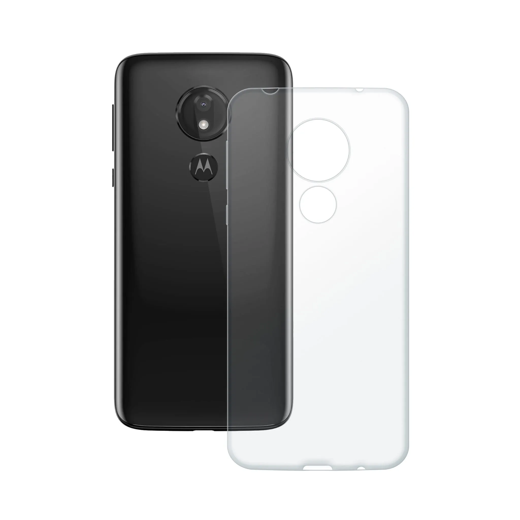 Etui silikonowe przezroczyste Polski Banan obok telefonu Motorola Moto G7 Power