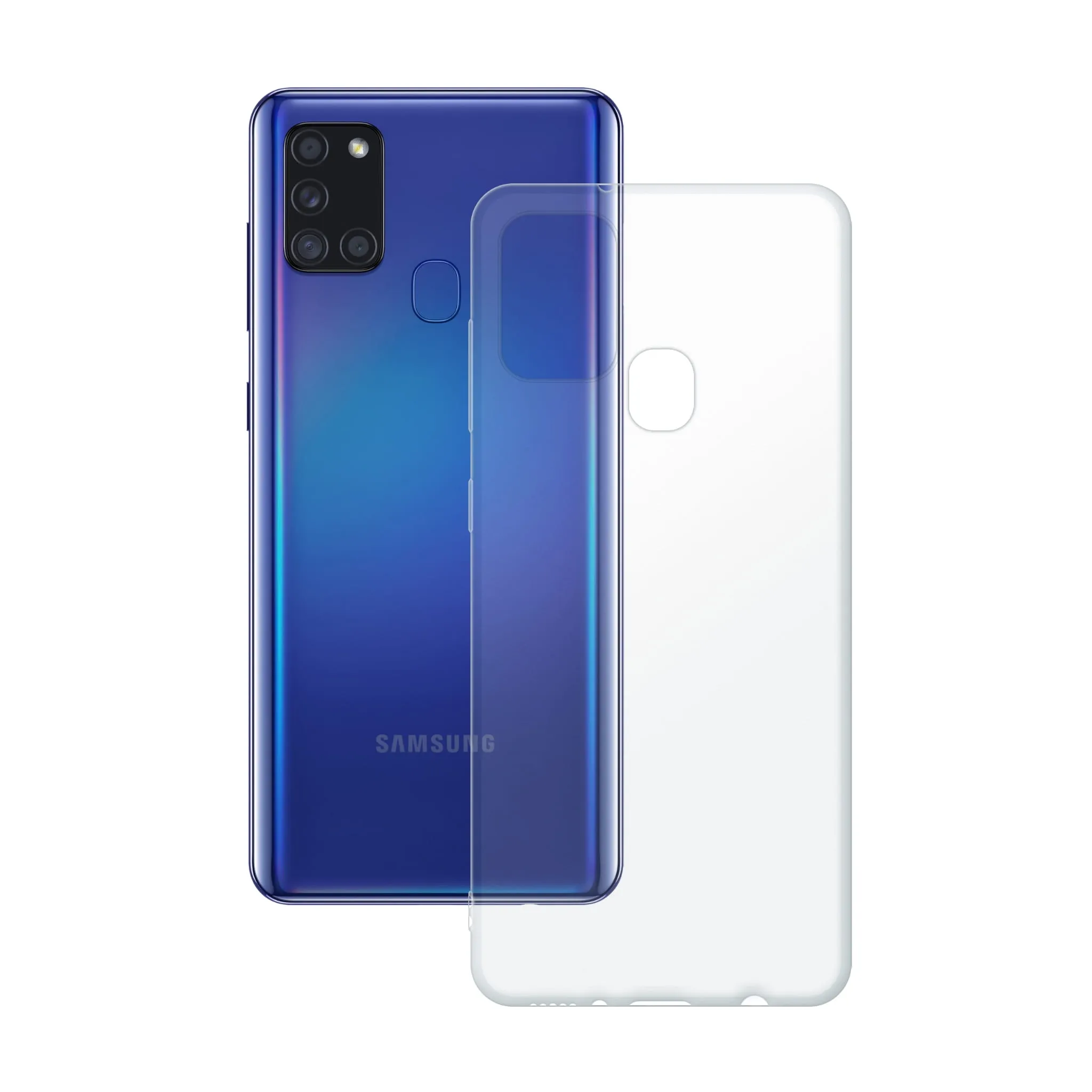 Etui silikonowe przezroczyste Polski Banan obok telefonu Samsung Galaxy A21s