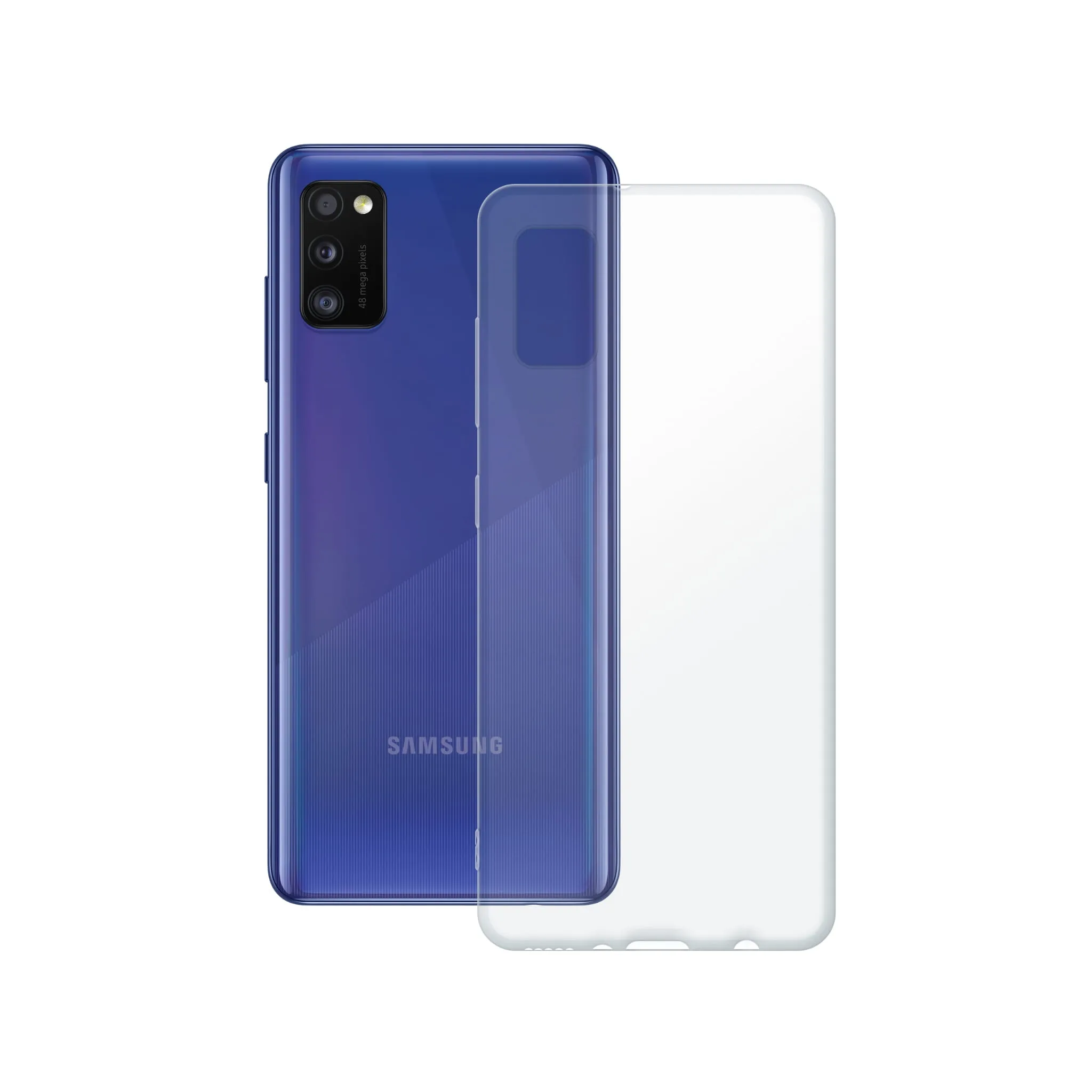 Etui silikonowe przezroczyste Polski Banan obok telefonu Samsung Galaxy A41