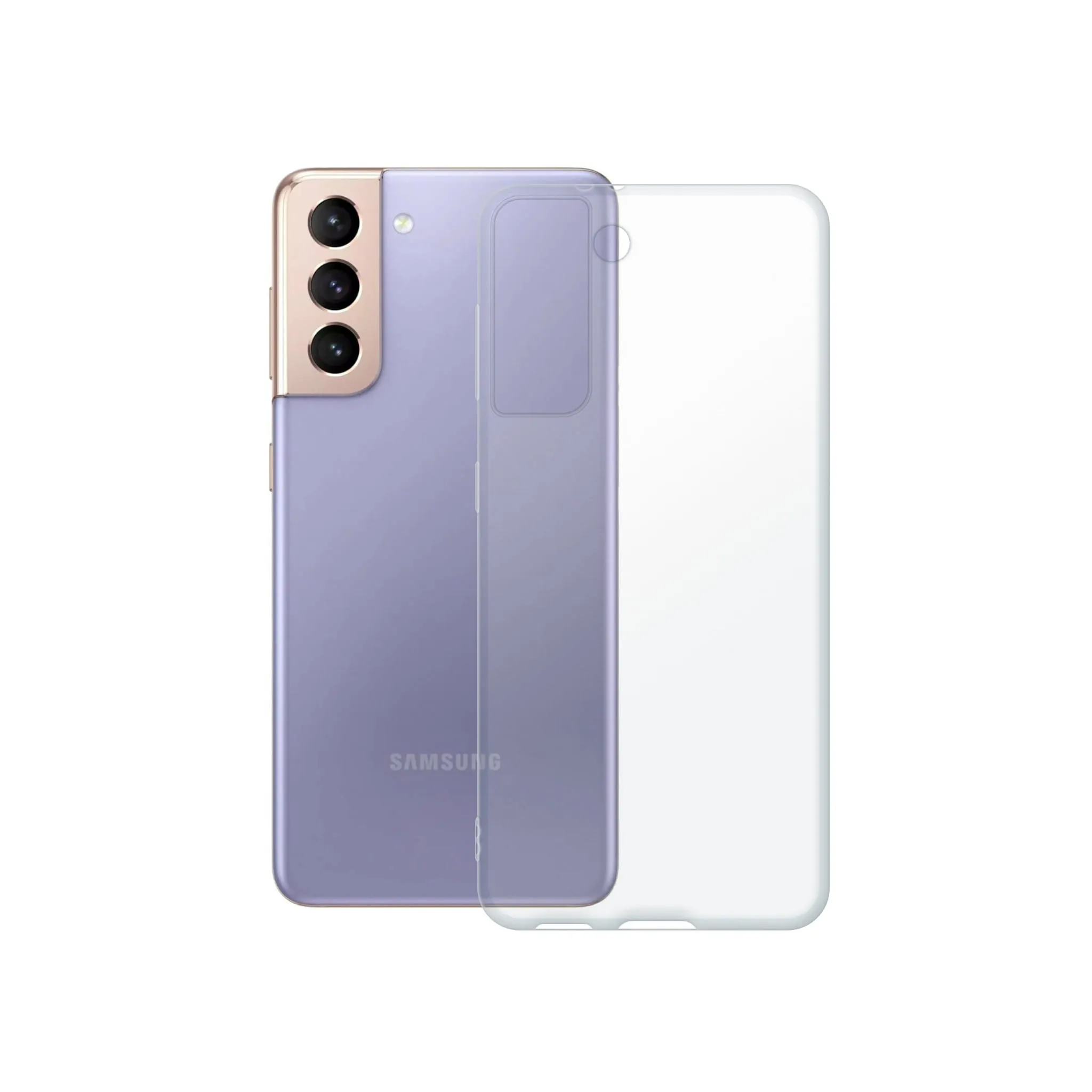 Etui silikonowe przezroczyste Polski Banan obok telefonu Samsung Galaxy S21