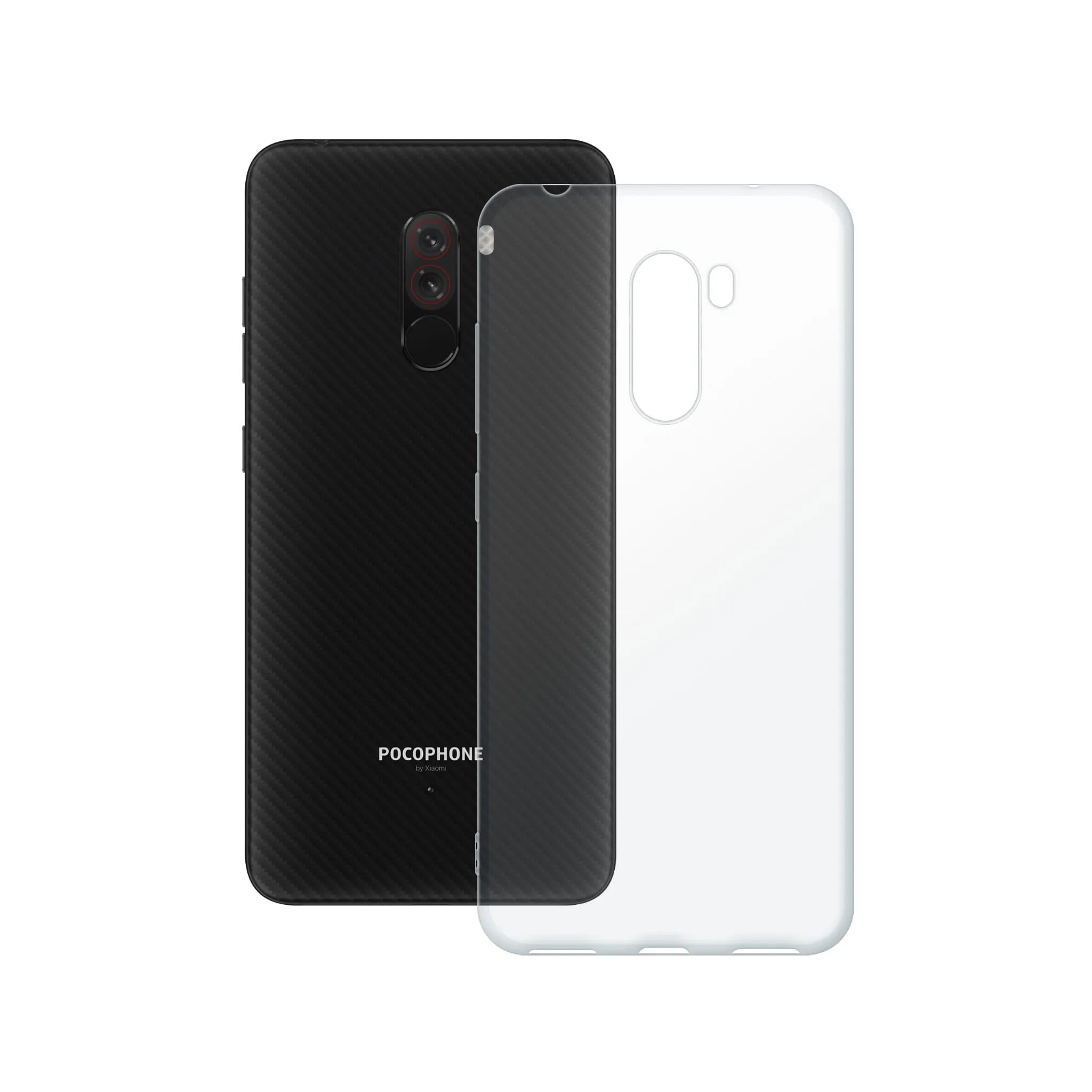 Etui silikonowe przezroczyste Polski Banan obok telefonu Xiaomi Pocophone F1