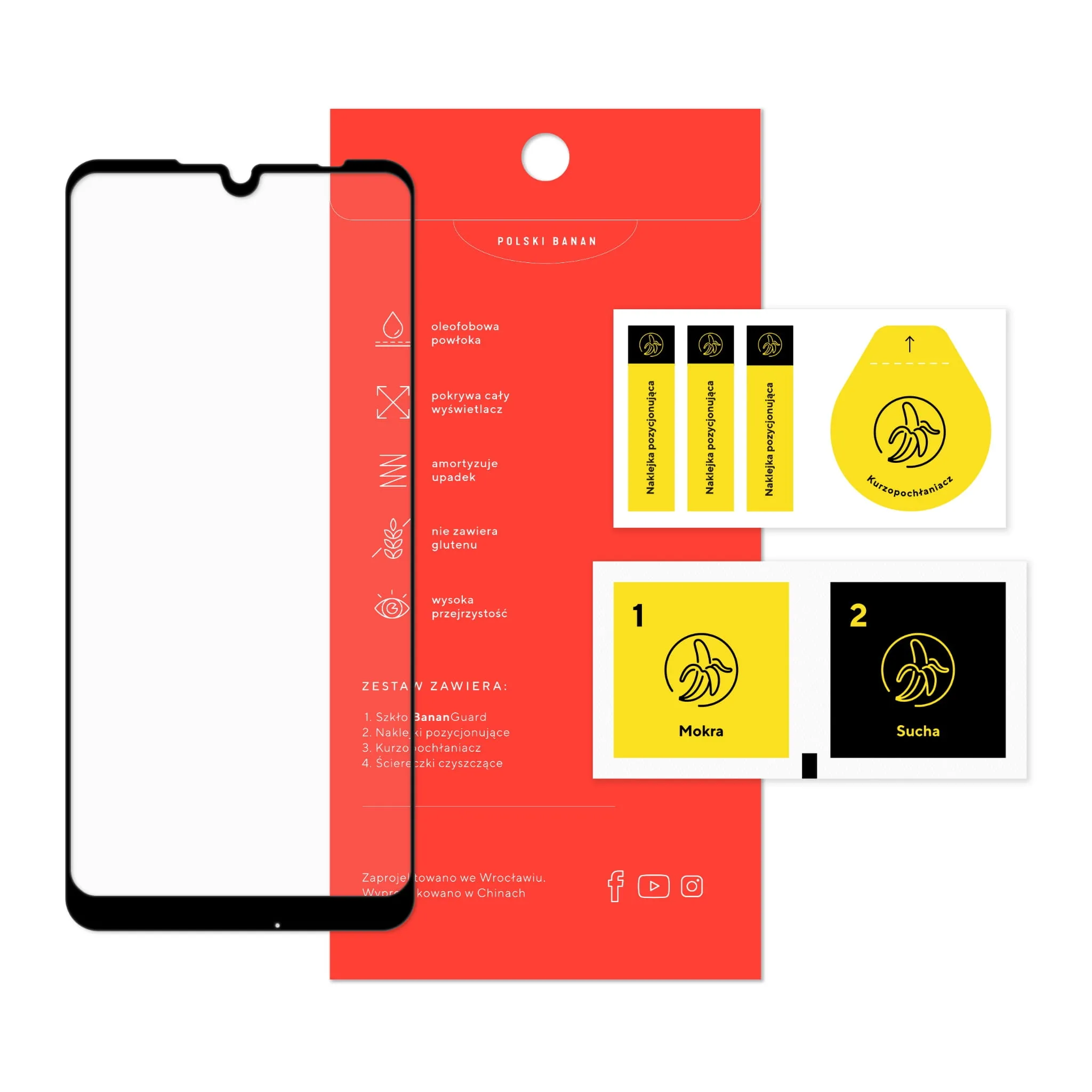 Zawartość zestawu szkła hartowanego 3D Polski Banan BananGuard w kolorze czarnym do telefonu Xiaomi Redmi Note 7