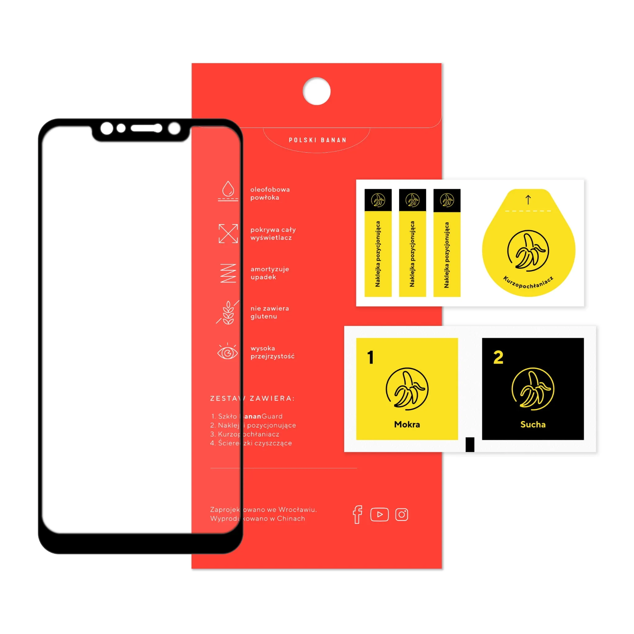 Zawartość zestawu szkła hartowanego 3D Polski Banan BananGuard w kolorze czarnym do telefonu Xiaomi Pocophone F1