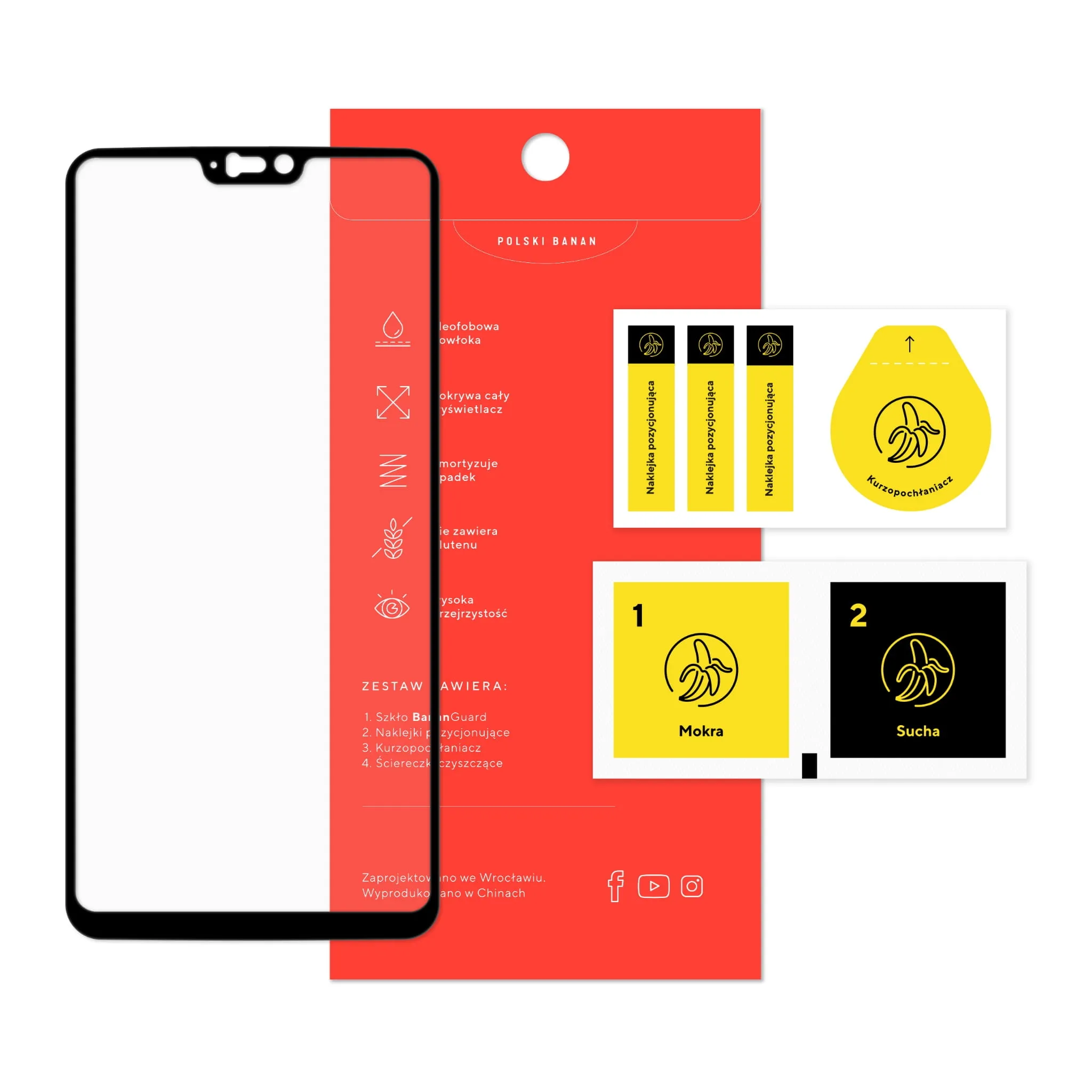 Zawartość zestawu szkła hartowanego 3D Polski Banan BananGuard w kolorze czarnym do telefonu OnePlus 6