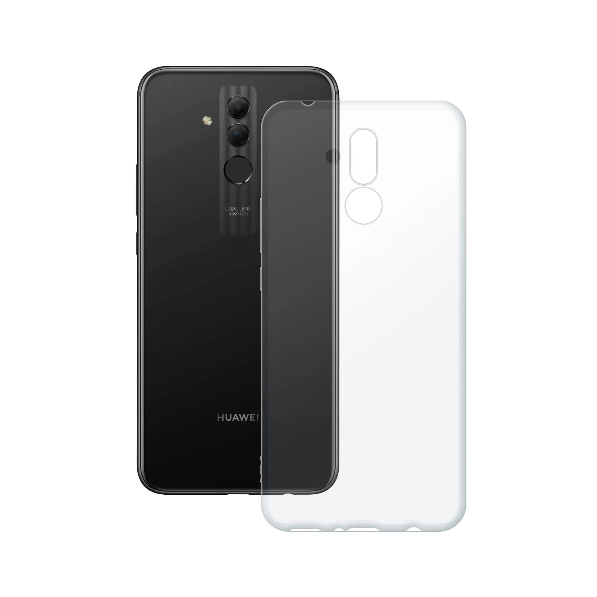 Etui silikonowe przezroczyste Polski Banan obok telefonu Huawei Mate 20 Lite