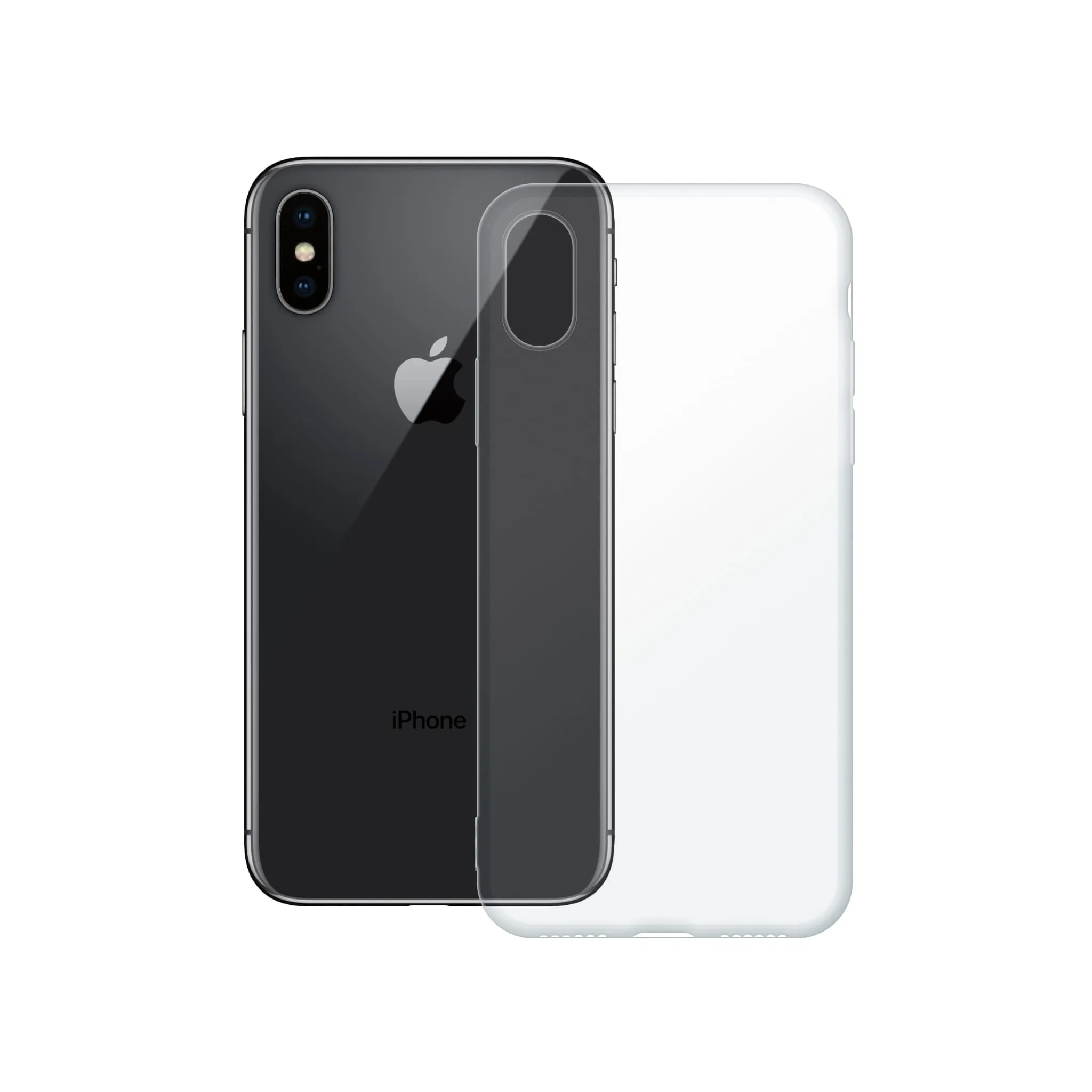 Etui silikonowe przezroczyste Polski Banan obok telefonu Apple iPhone X / Xs