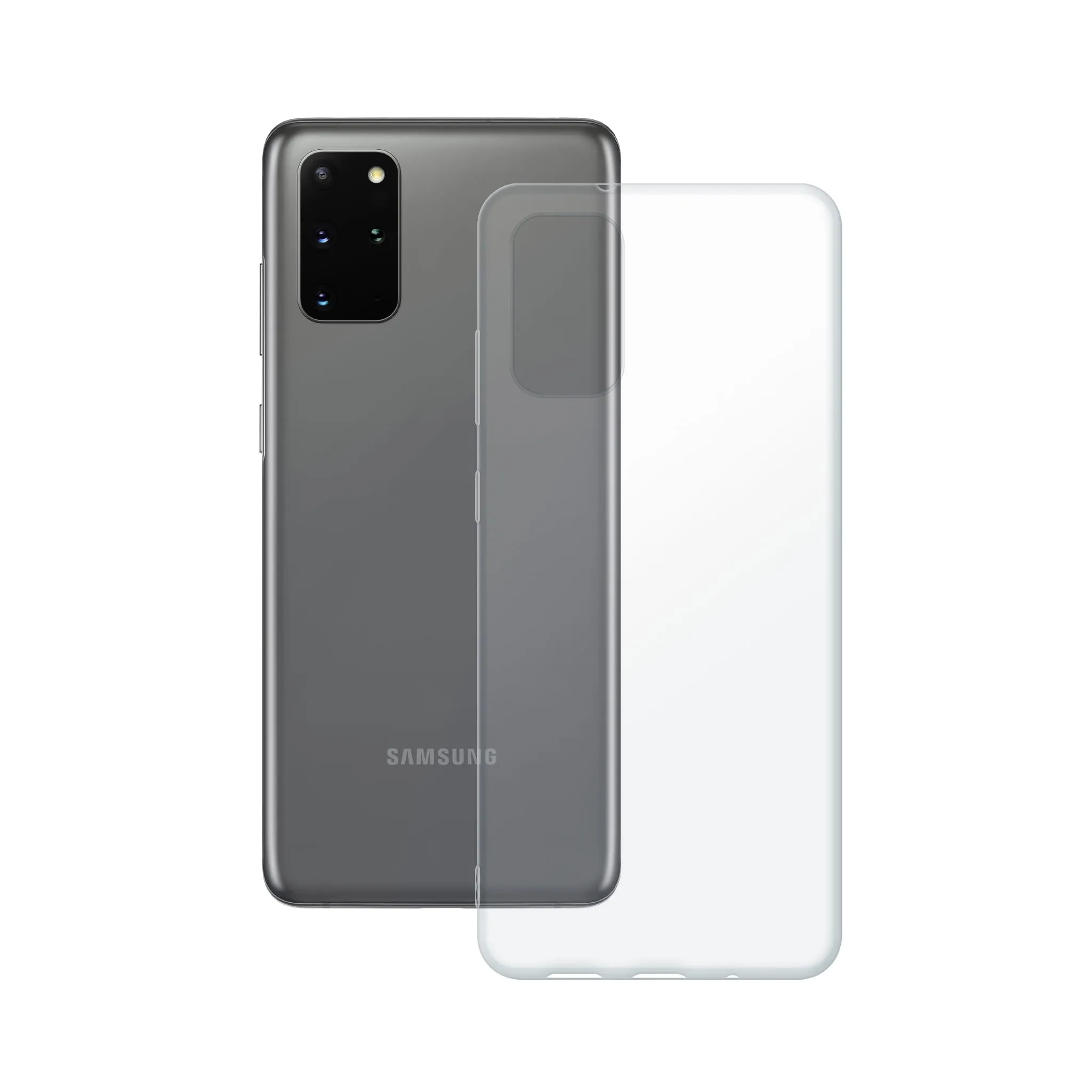 Etui silikonowe przezroczyste Polski Banan obok telefonu Samsung Galaxy S20 Plus
