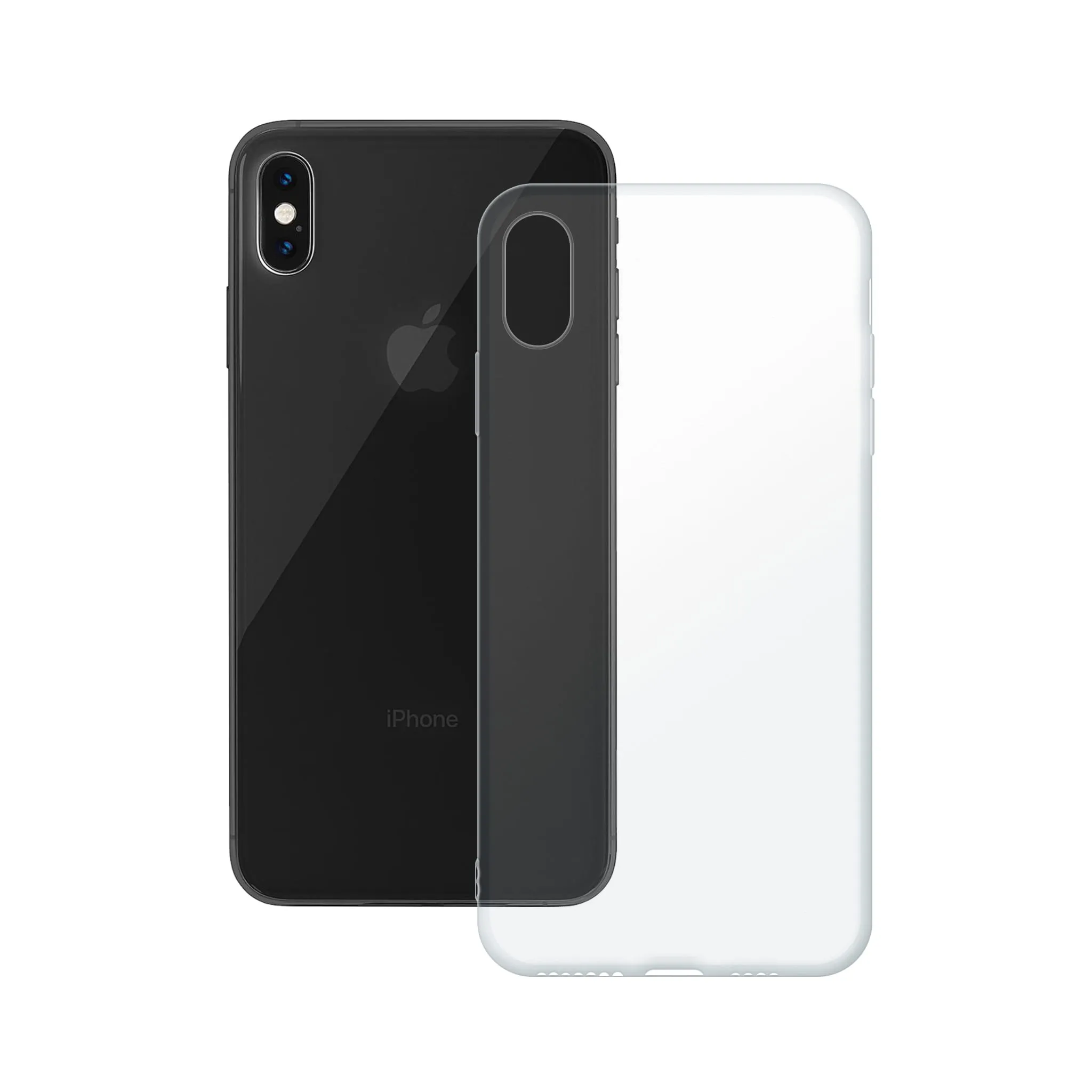 Etui silikonowe przezroczyste Polski Banan obok telefonu Apple iPhone Xs Max