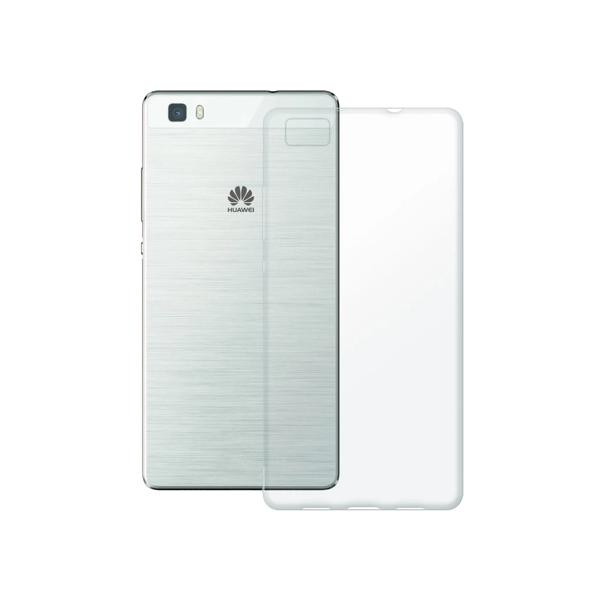 Etui silikonowe przezroczyste Polski Banan obok telefonu Huawei P8 Lite