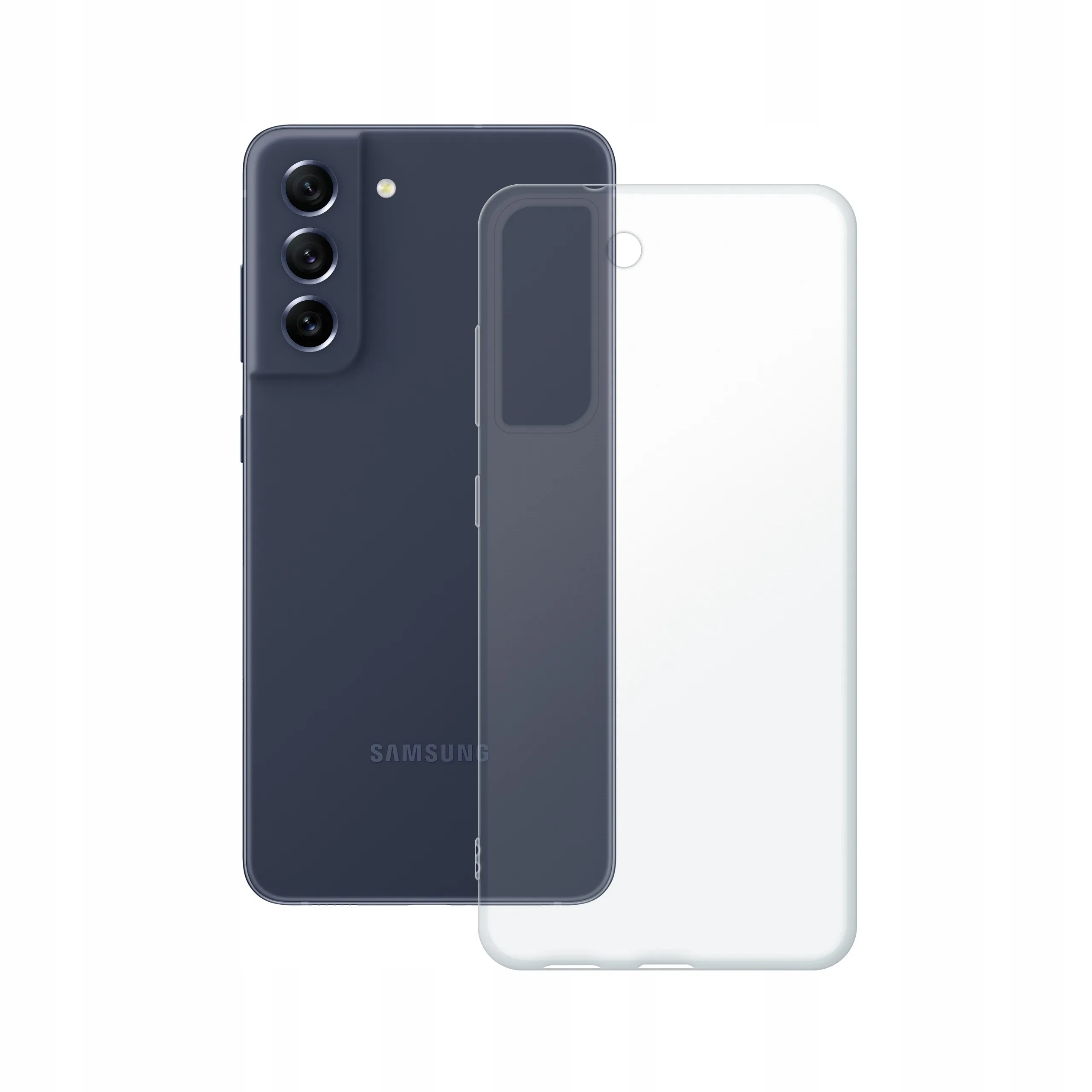 Etui silikonowe przezroczyste Polski Banan obok telefonu Samsung Galaxy S21 FE