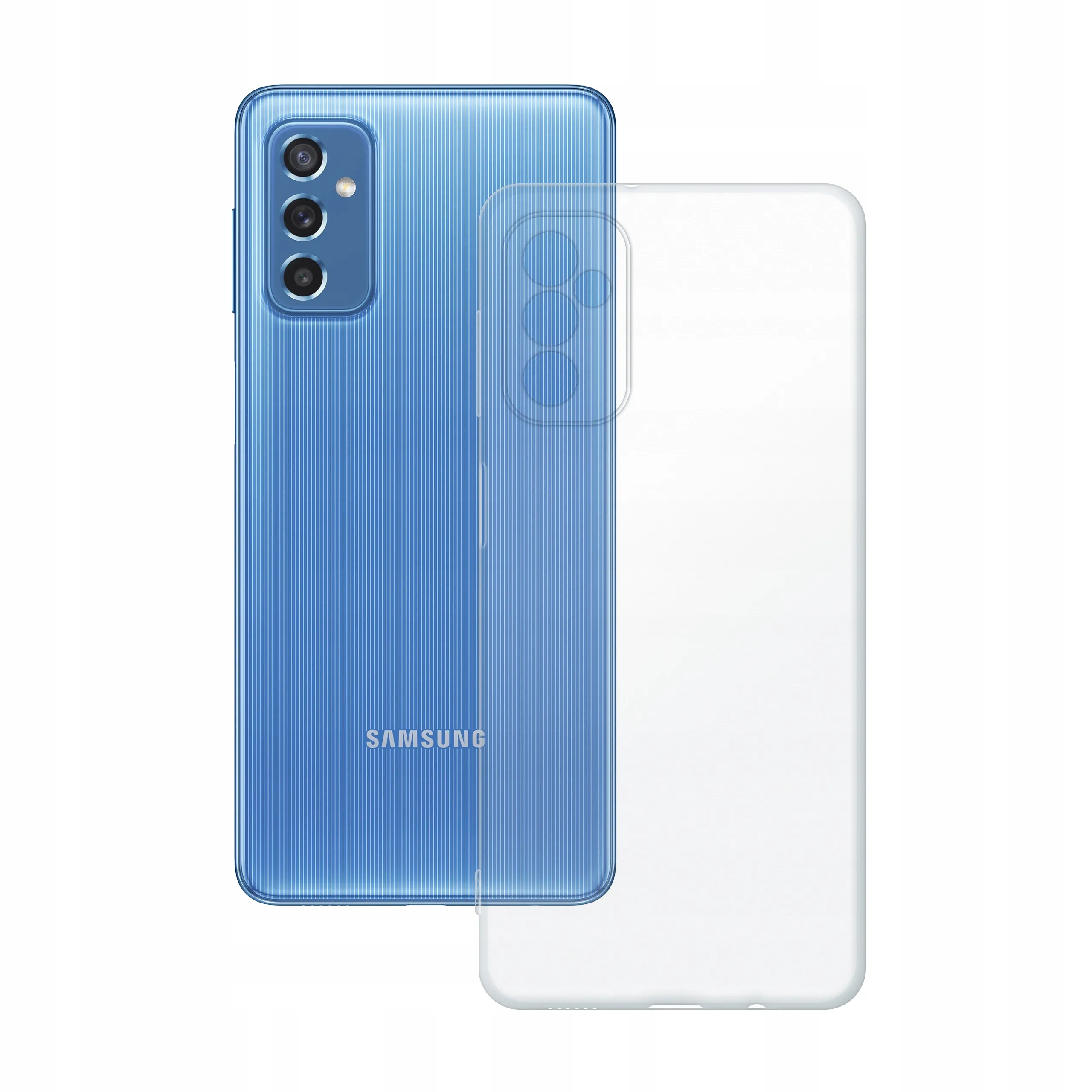 Etui silikonowe przezroczyste Polski Banan obok telefonu Samsung Galaxy M52 / M52 5G