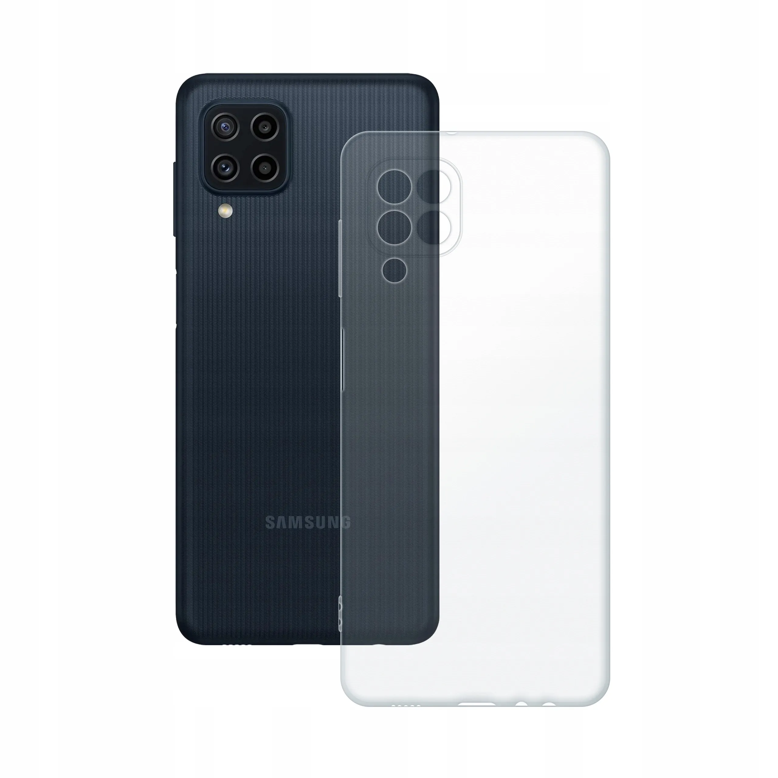 Etui silikonowe przezroczyste Polski Banan obok telefonu Samsung Galaxy M22