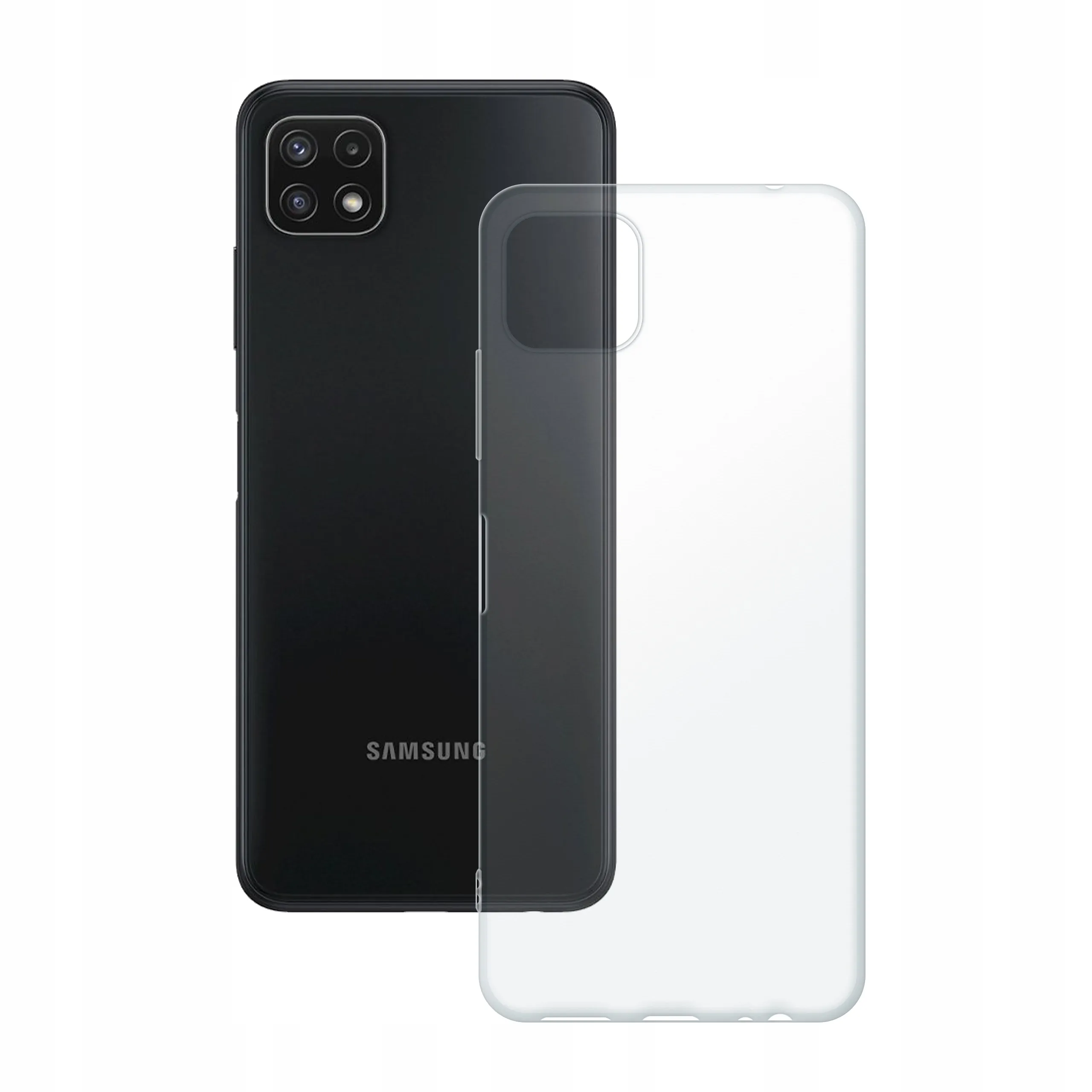 Etui silikonowe przezroczyste Polski Banan obok telefonu Samsung Galaxy A22 5G