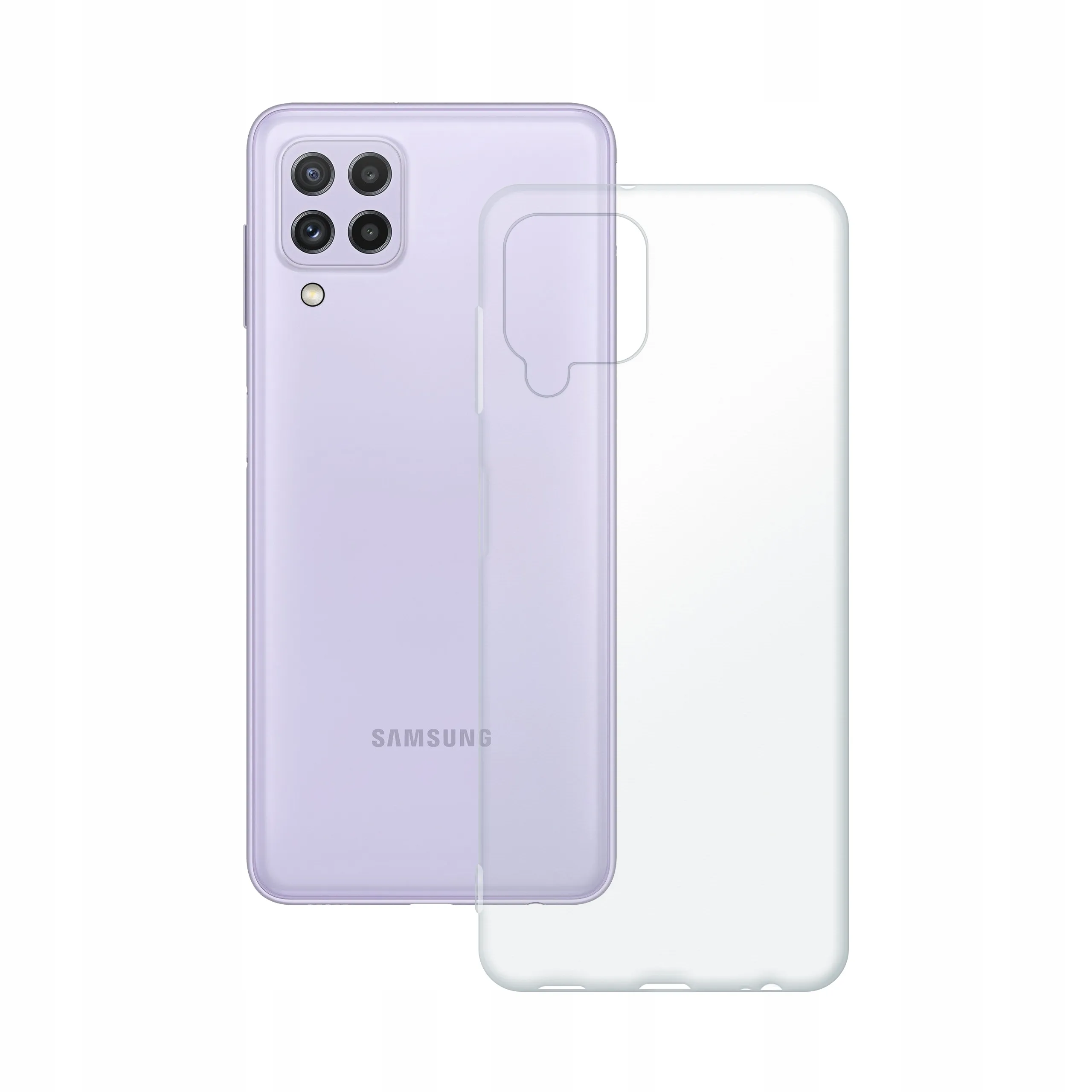 Etui silikonowe przezroczyste Polski Banan obok telefonu Samsung Galaxy A22 4G